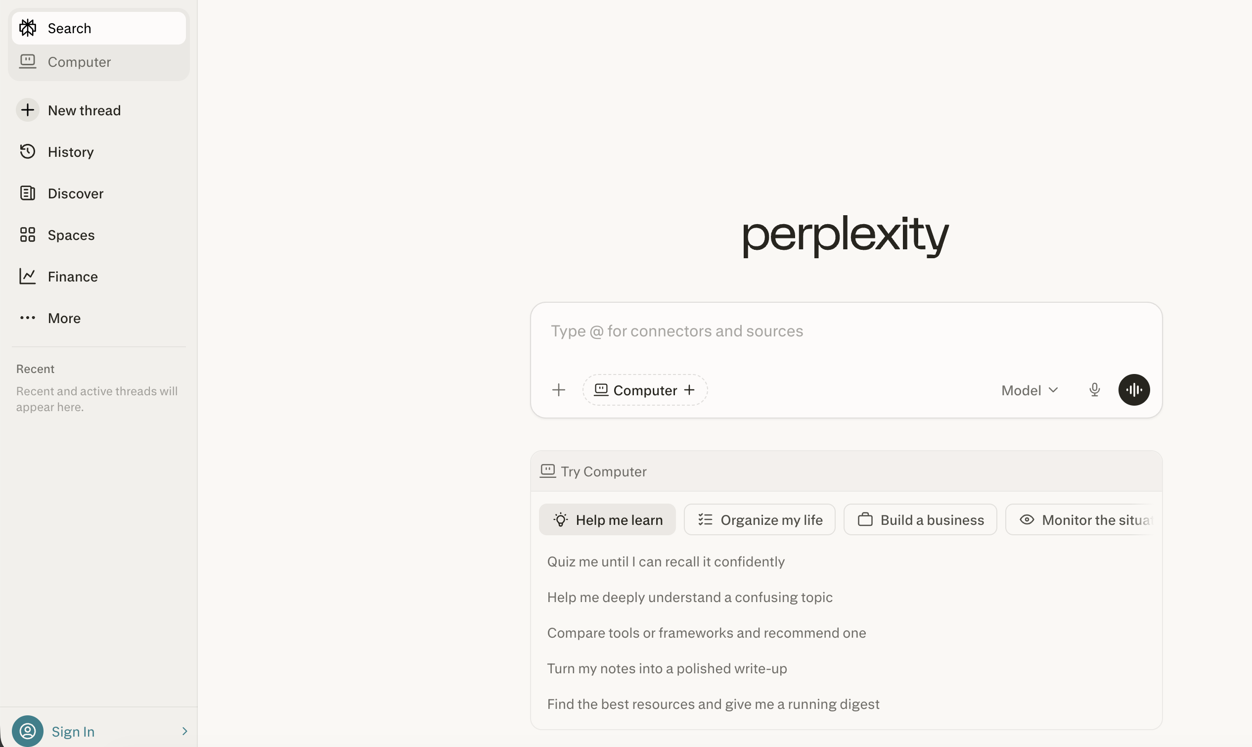 Page d'accueil de Perplexity.