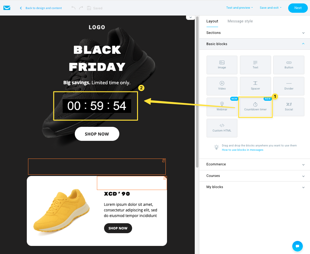 GetResponse Email Creator interface showing how to add a countdown timer block to a Black Friday promotional email, with drag-and-drop editor, countdown timer element, and product promotion layout.