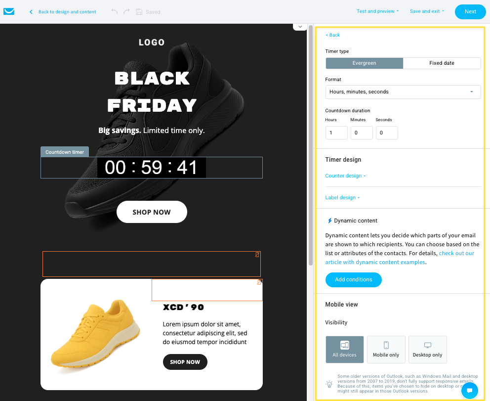 GetResponse Email Creator interface showing countdown timer settings for a Black Friday promotional email, including evergreen timer configuration, countdown duration, timer design options, and device visibility settings.