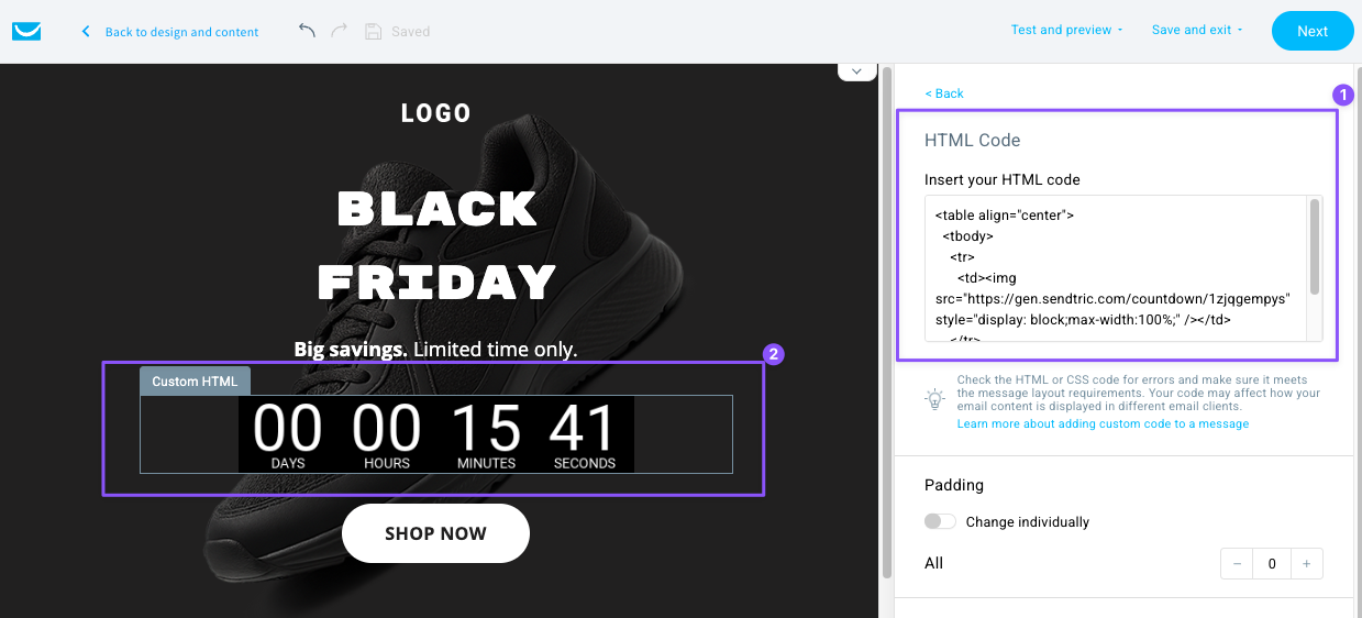 GetResponse Email Creator showing how to add a countdown timer using custom HTML code in a Black Friday promotional email template with a live countdown display.