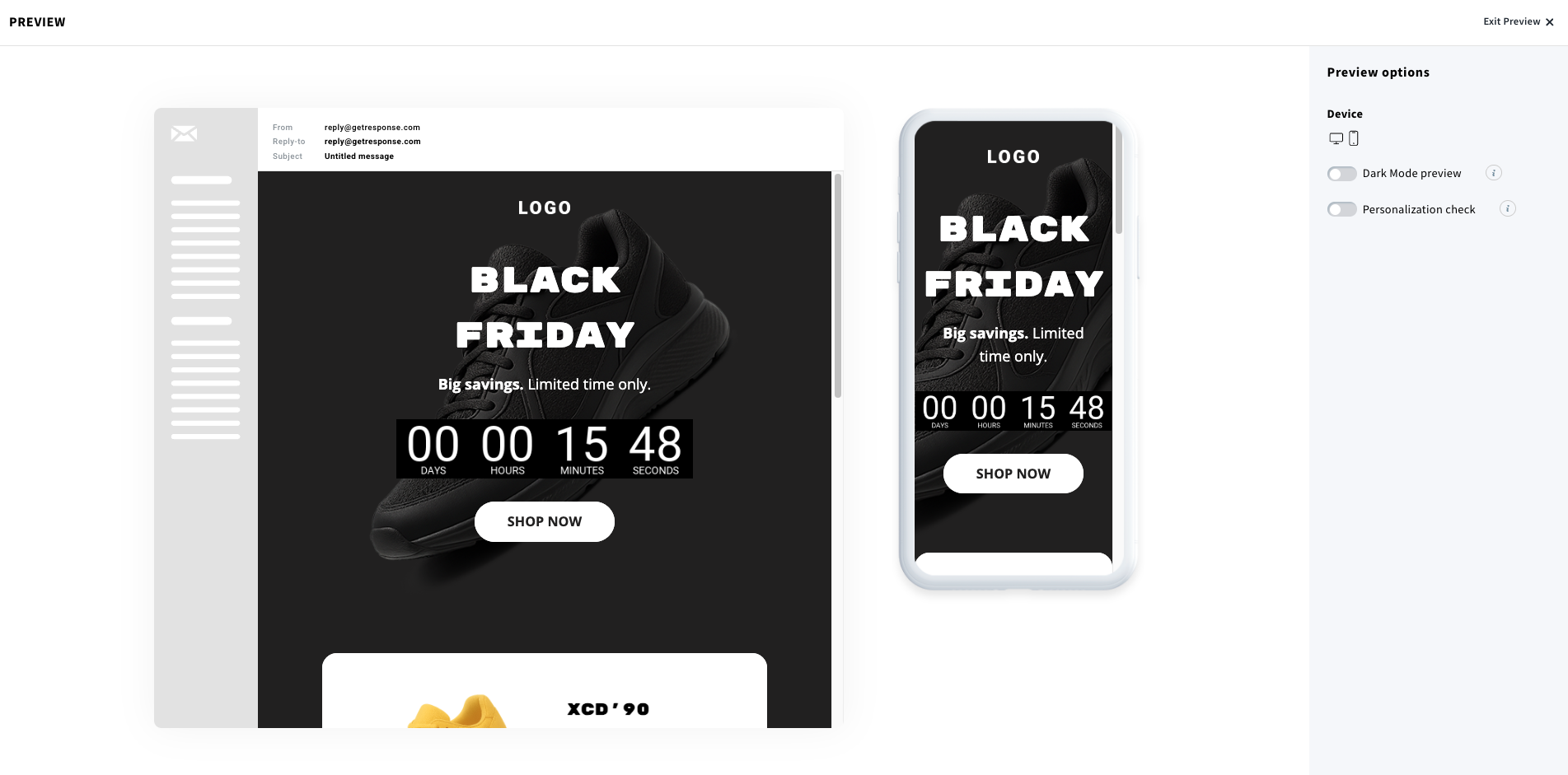 GetResponse email preview tool displaying a Black Friday promotional email with a countdown timer, shown in both desktop and mobile views with preview options like dark mode and personalization check.