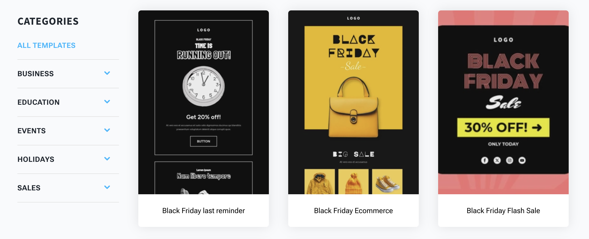 Menu des catégories de modèles d'e-mails de GetResponse.