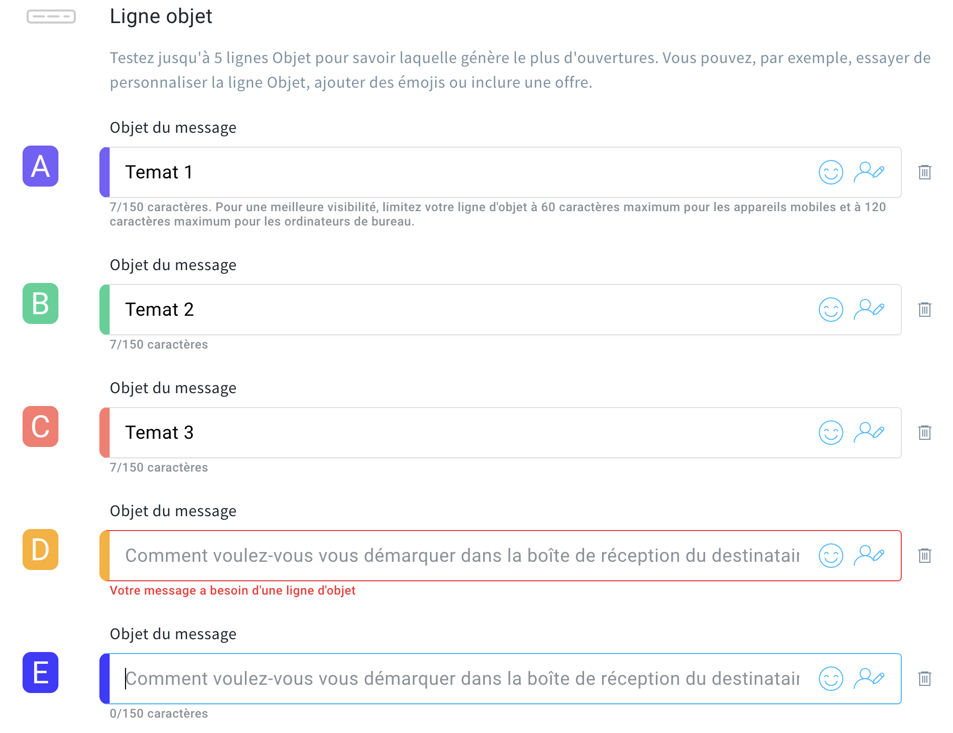 Création d’un test A/B dans GetResponse permettant de tester 5 variantes différentes de l’objet d’e-mail.