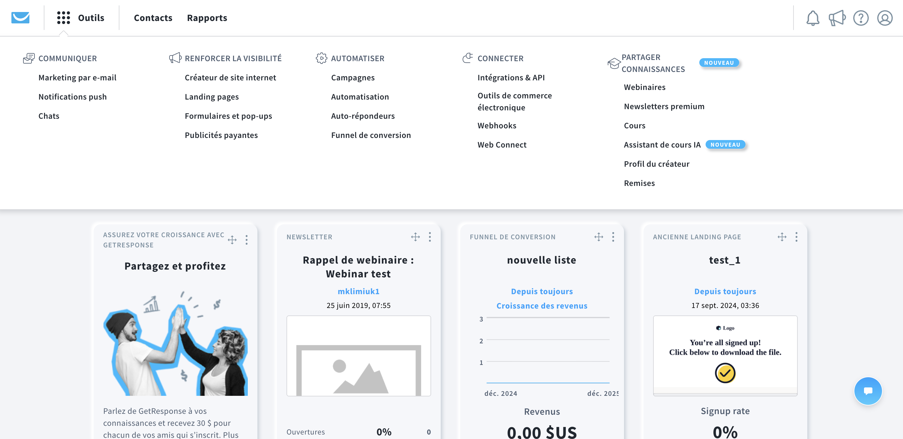 panneau de navigation dans un compte GetResponse avec toutes les fonctionnalités listées.