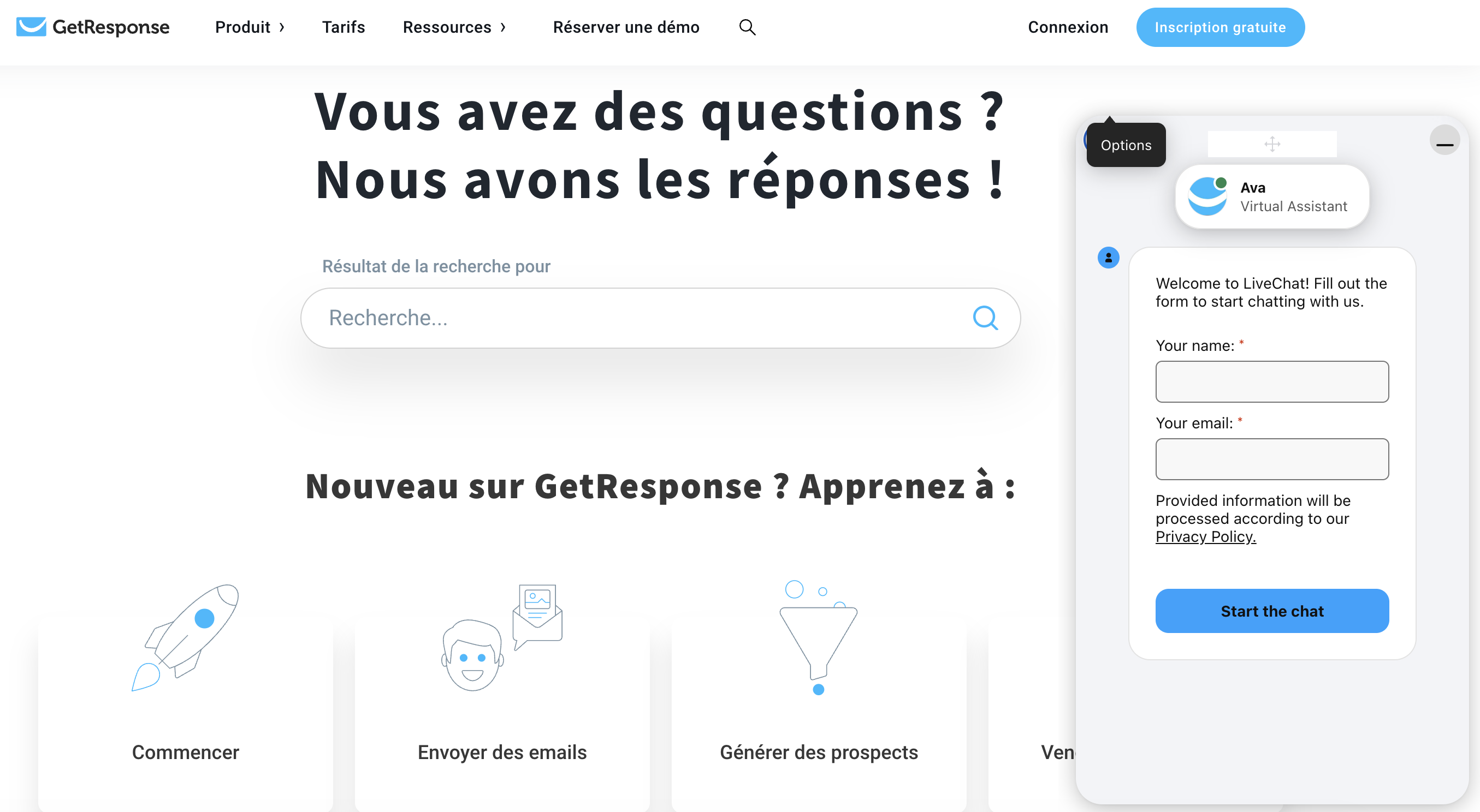 GetResponse, Page d'assistance en français, livechat.