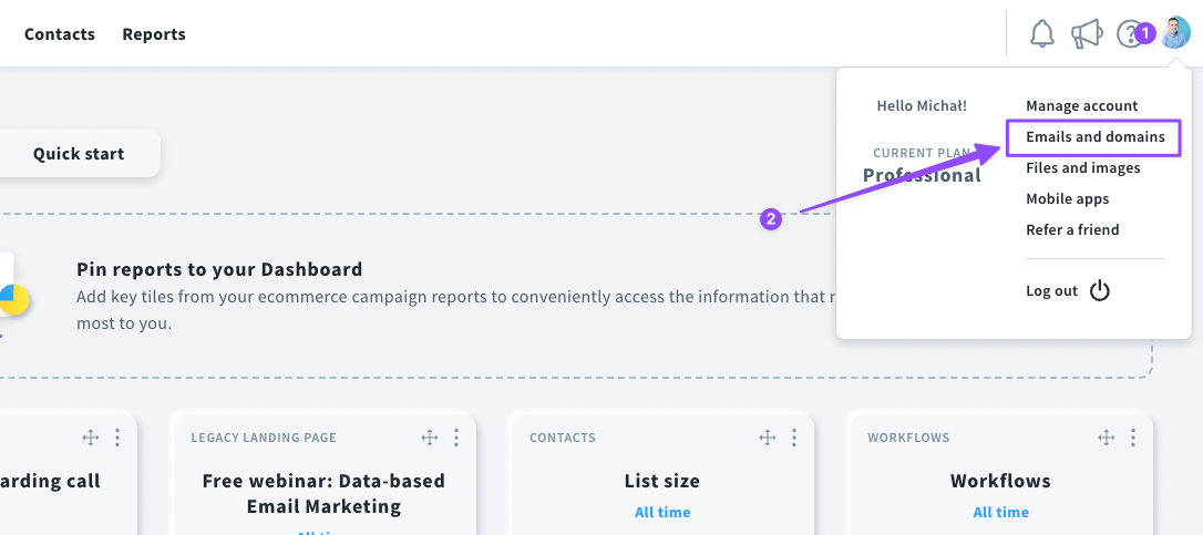 Navigating to Account Settings and Email and domains in GetResponse dashboard.