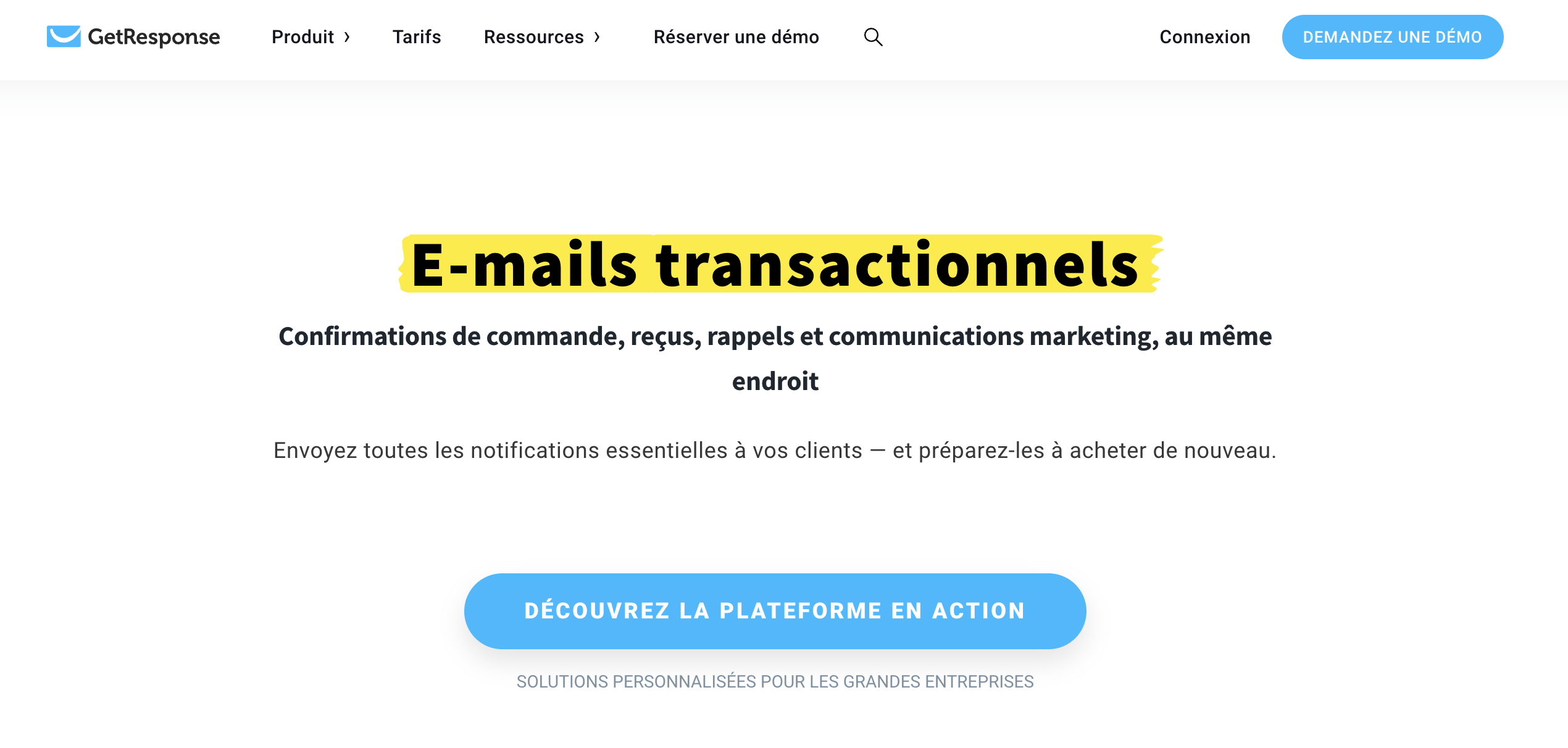 Tableau de bord du service d’e-mails transactionnels GetResponse affichant les options d’intégration API et SMTP pour l’envoi automatisé d’e-mails de confirmation de commande.