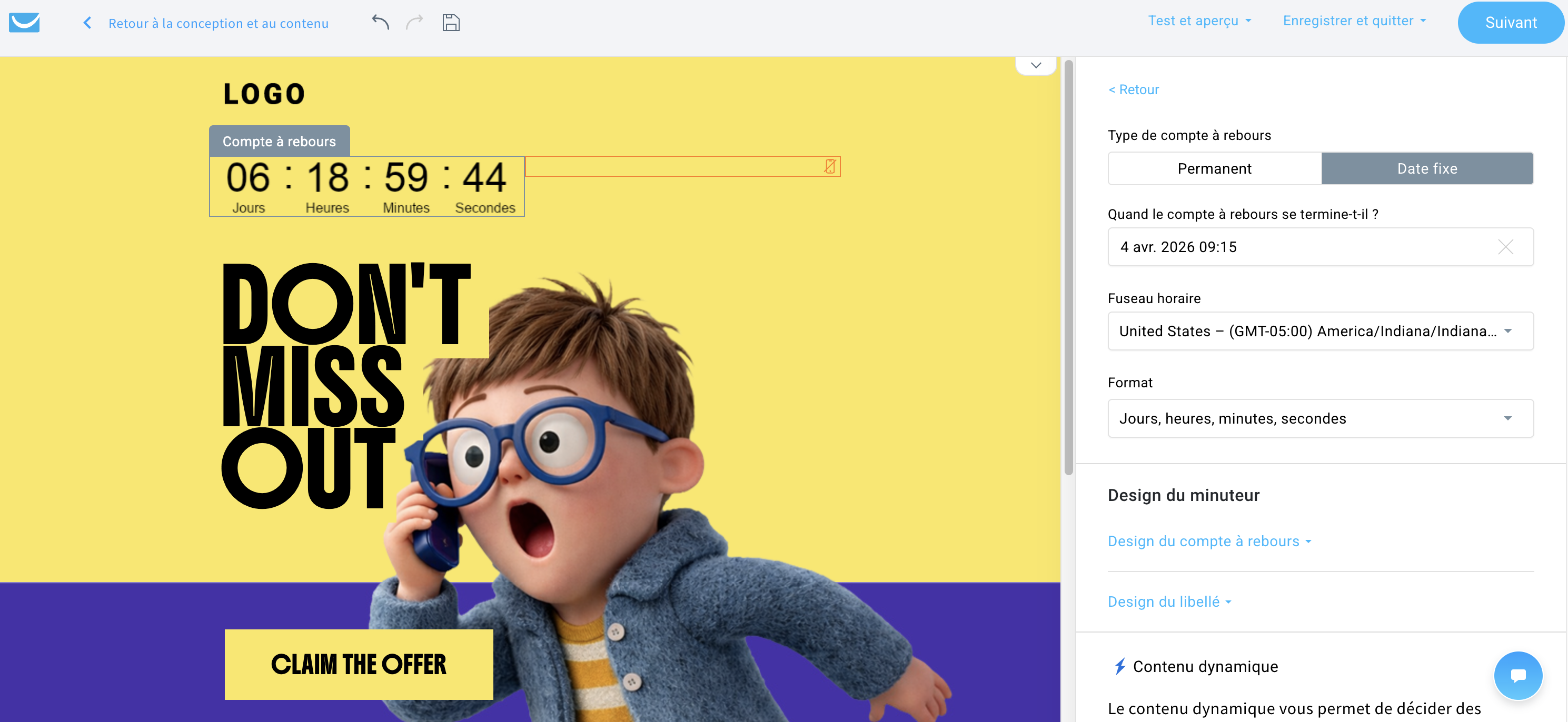 Capture d’écran du constructeur d’e-mails de GetResponse montrant un élément de compte à rebours en cours de modification dans un design d’e-mail, avec un aperçu d’un message promotionnel (« NE MANQUEZ PAS ÇA ») accompagné d’un minuteur, ainsi qu’un panneau de configuration permettant de définir le type de minuteur, la date de fin, le fuseau horaire, le format et les options de design.