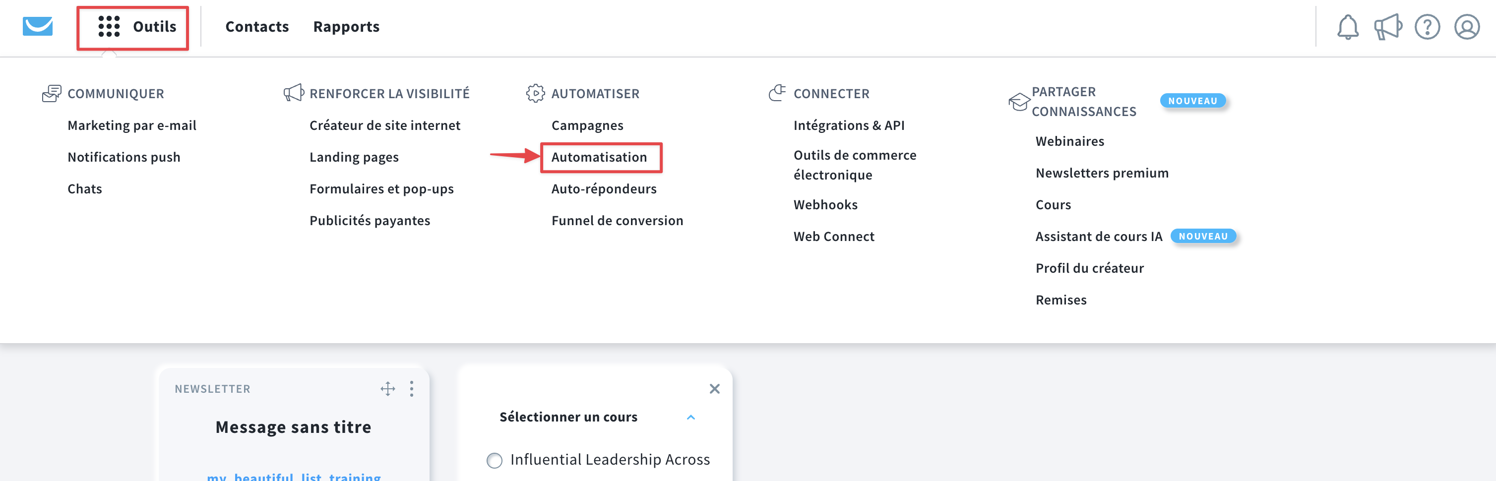 Menu de navigation de l’automatisation GetResponse affichant les options « Outils » et « Automatisation » pour configurer des workflows d’e-mails de confirmation de commande.