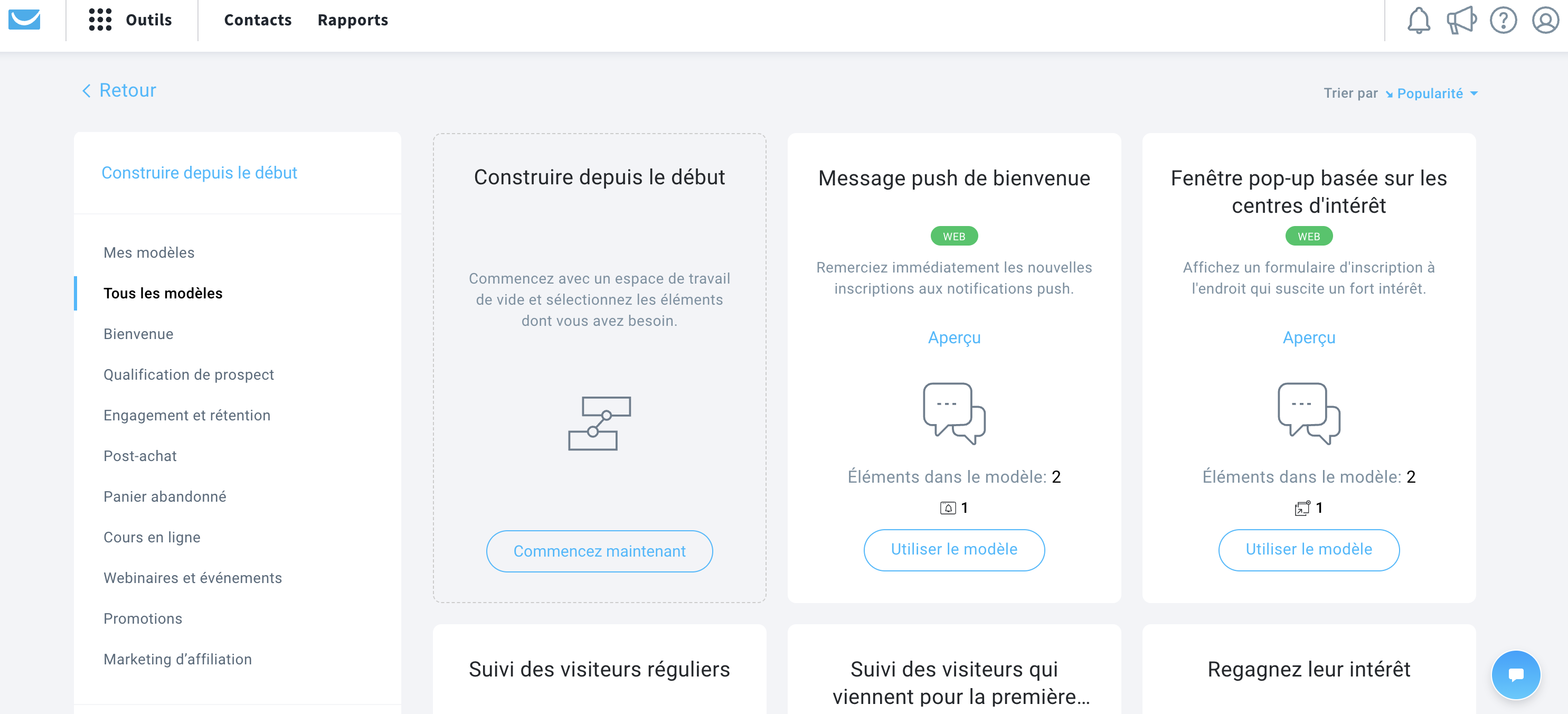 Aperçu de certains modèles de marketing automatisé dans GetResponse.