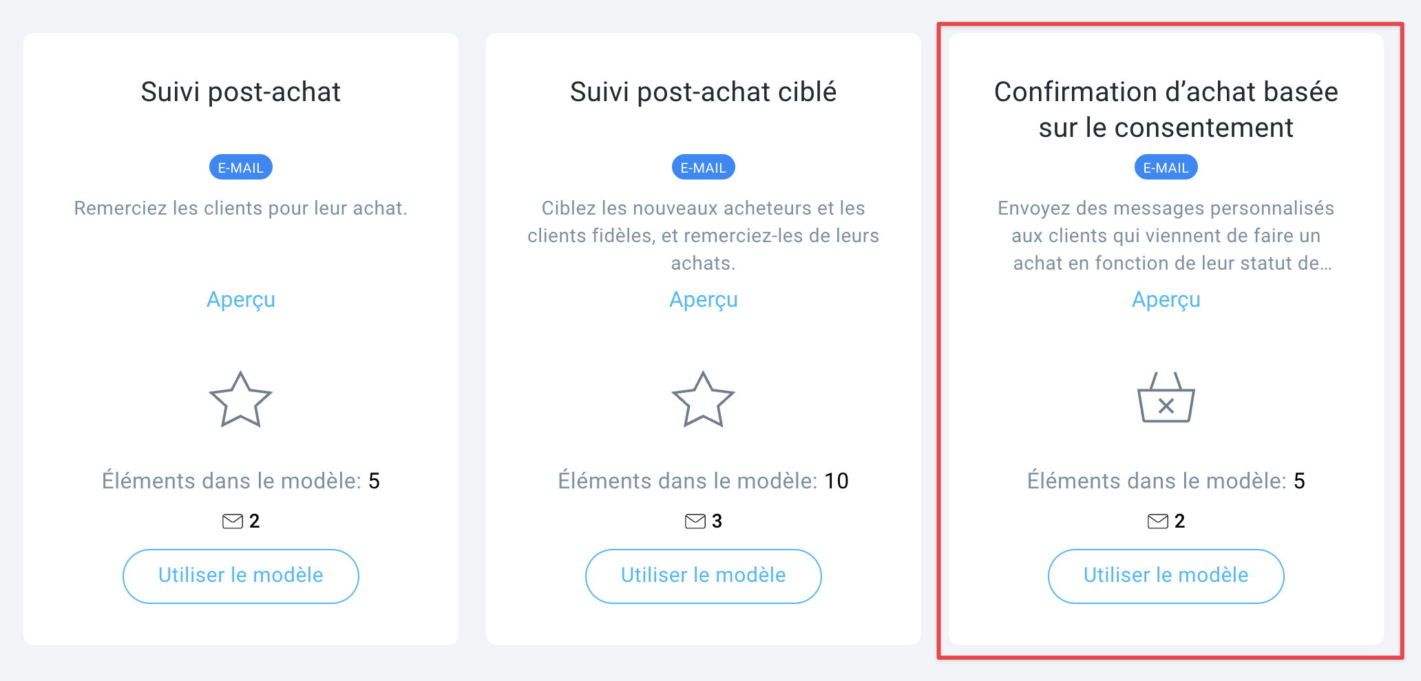 Écran de sélection de modèles d’e-mails de confirmation de commande conforme au RGPD dans GetResponse, avec des options de personnalisation des workflows d’automatisation.