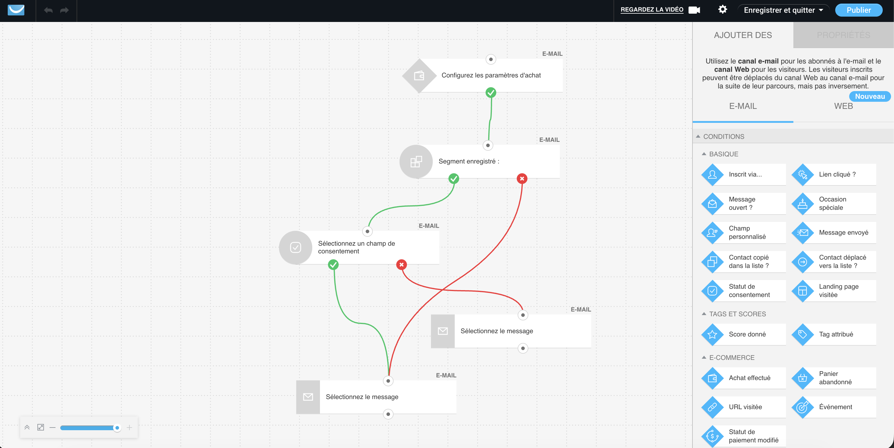 Constructeur visuel d’automatisation GetResponse affichant un workflow fractionné pour les e-mails de confirmation de commande conformes au RGPD avec segmentation des clients basée sur le consentement.
