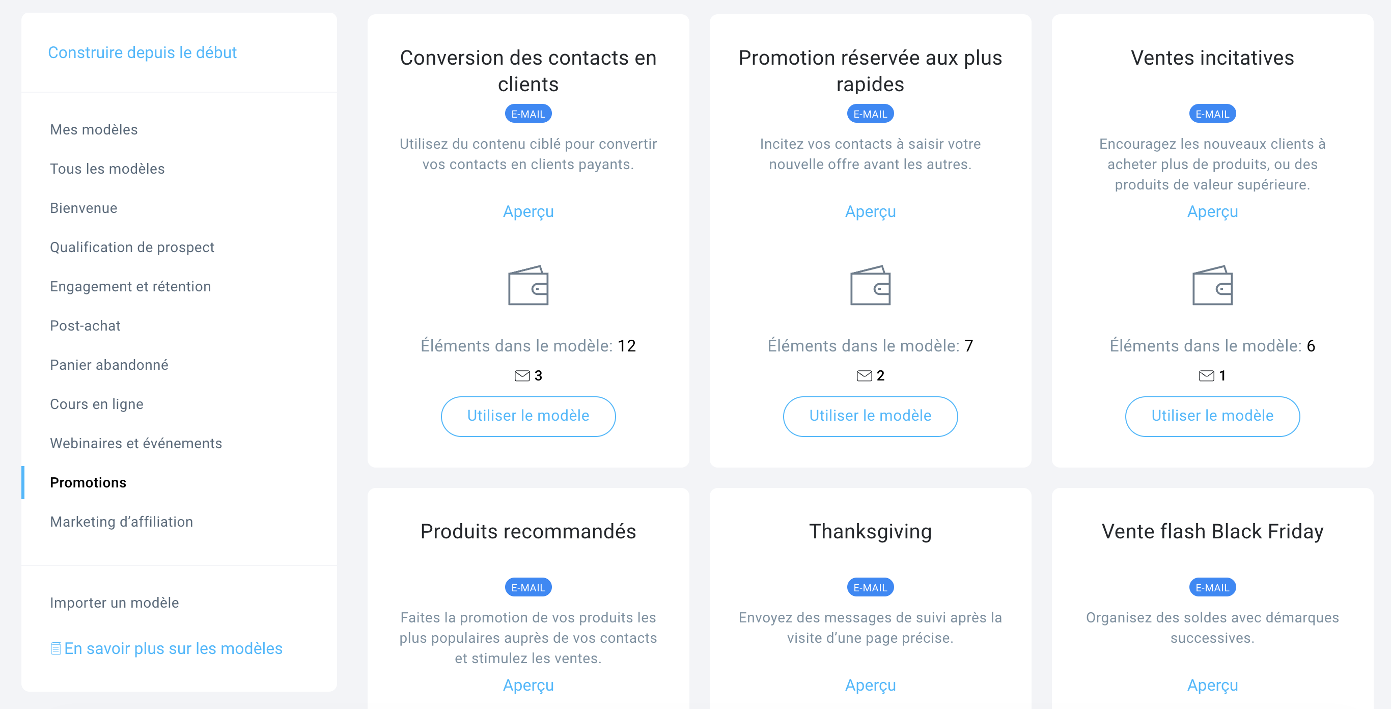 Constructeur de workflows d’automatisation GetResponse affichant des modèles e-commerce prêts à l’emploi pour la récupération de paniers abandonnés et la fidélisation des clients.
