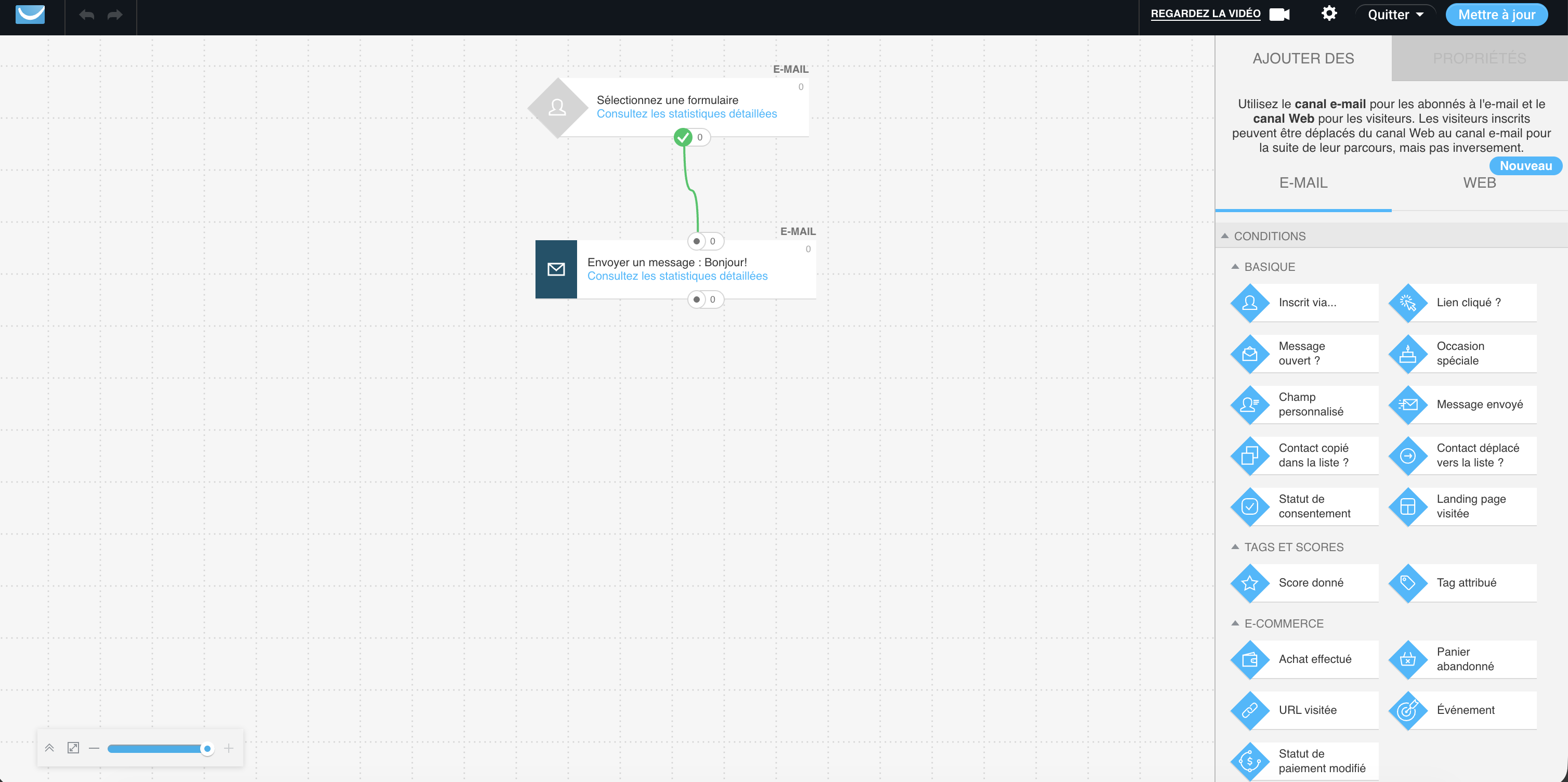 Interface du constructeur d’automatisation visuelle GetResponse avec fonctionnalité de glisser-déposer pour créer des workflows d’e-mails personnalisés.