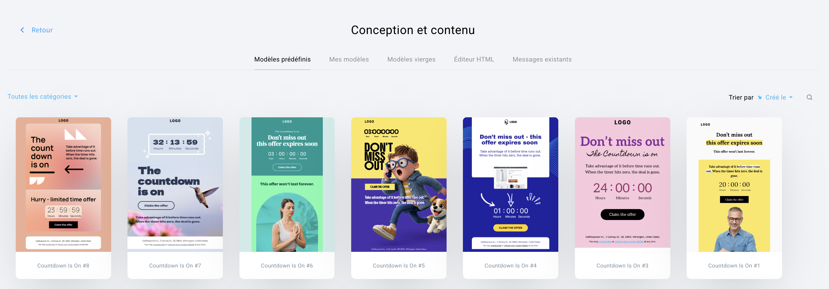 Capture d’écran de la page « Conception et contenu » de l’éditeur d’e-mails GetResponse, montrant une grille de modèles d’e-mails préconçus avec des comptes à rebours dans différents styles et couleurs, ainsi que des onglets de navigation et des options de tri en haut de la page.