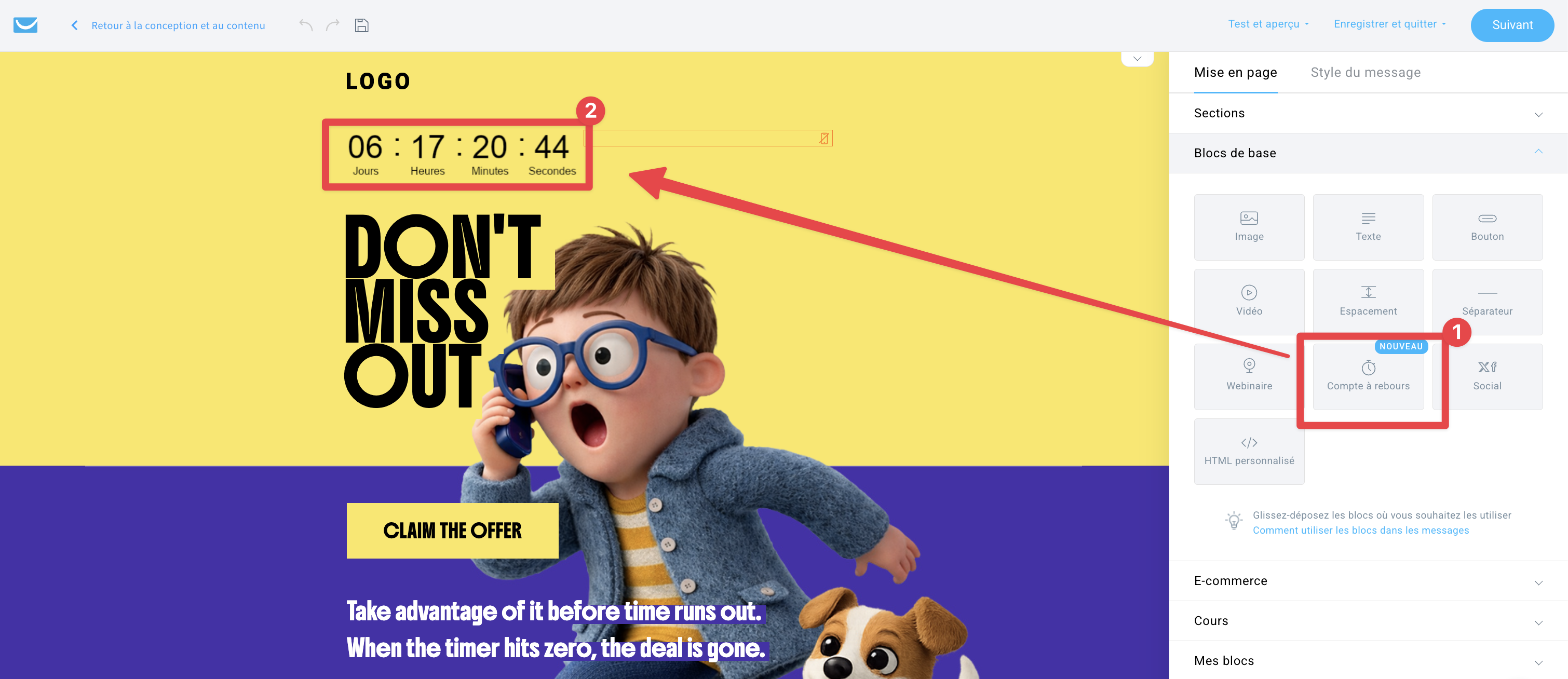Interface du créateur d’e-mails GetResponse montrant comment ajouter un bloc de compte à rebours à un e-mail promotionnel, avec un éditeur en glisser-déposer, un élément de compte à rebours et une mise en page de promotion de produits.