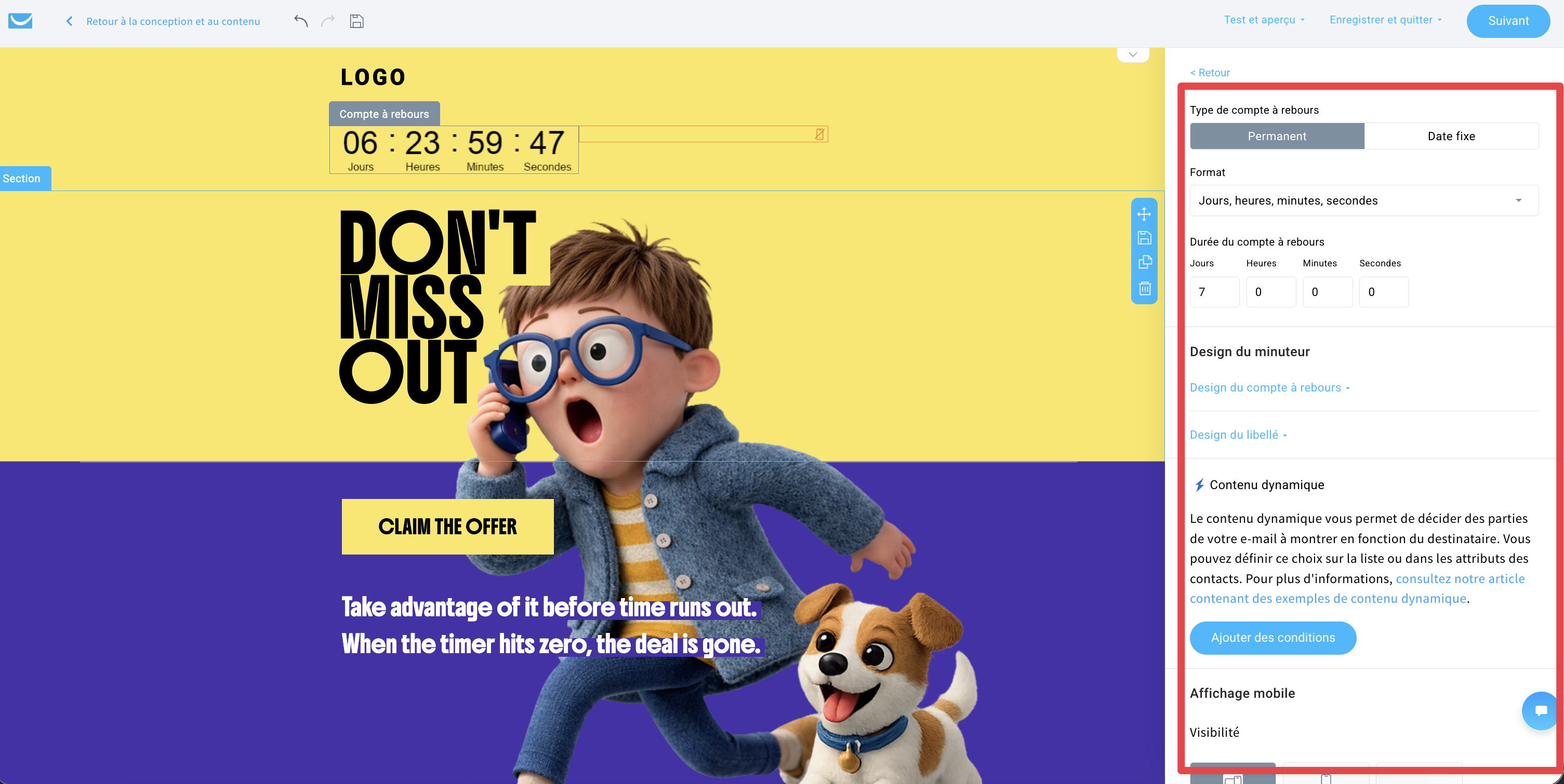 Paramètres de l’élément « Compte à rebours» dans GetResponse comprenant le format, le type de compte à rebours, la durée, le design du compte à rebours, le design des libellés, le contenu dynamique et la visibilité mobile vs ordinateur.
