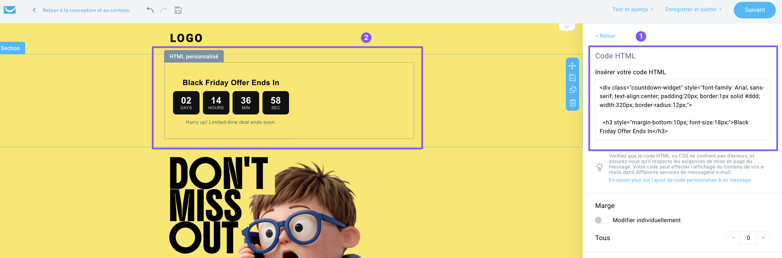 Ajouter un compte à rebours à partir d'un outil externe via un bloc de code HTML.