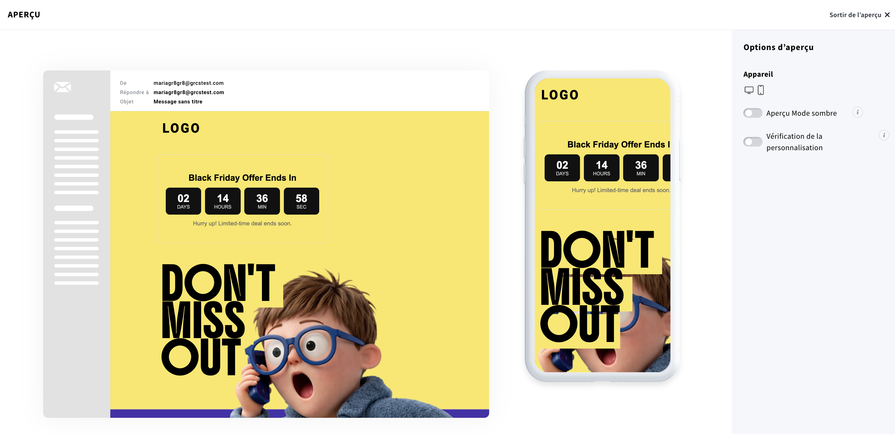 Outil de prévisualisation des e-mails dans GetResponse affichant un e-mail promotionnel pour le Black Friday avec un compte à rebours, présenté en vue desktop et mobile, avec des options de prévisualisation telles que le mode sombre et la vérification de la personnalisation.