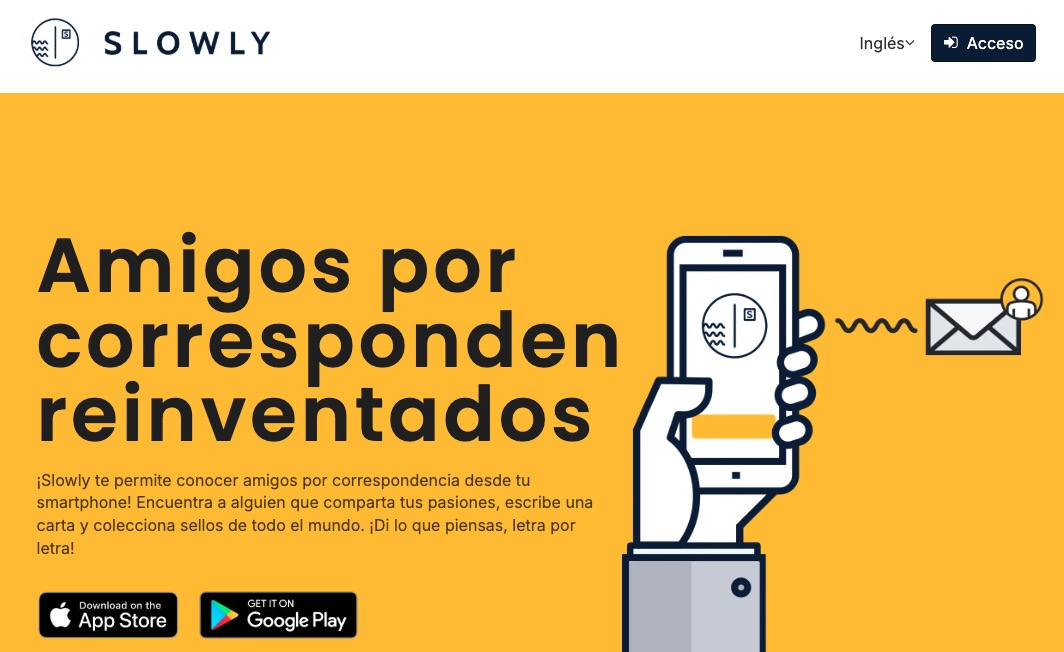 Landing page de la app Slowly que anima a los usuarios a conseguir amigos por correspondencia, con una ilustración de una mano sosteniendo un teléfono.