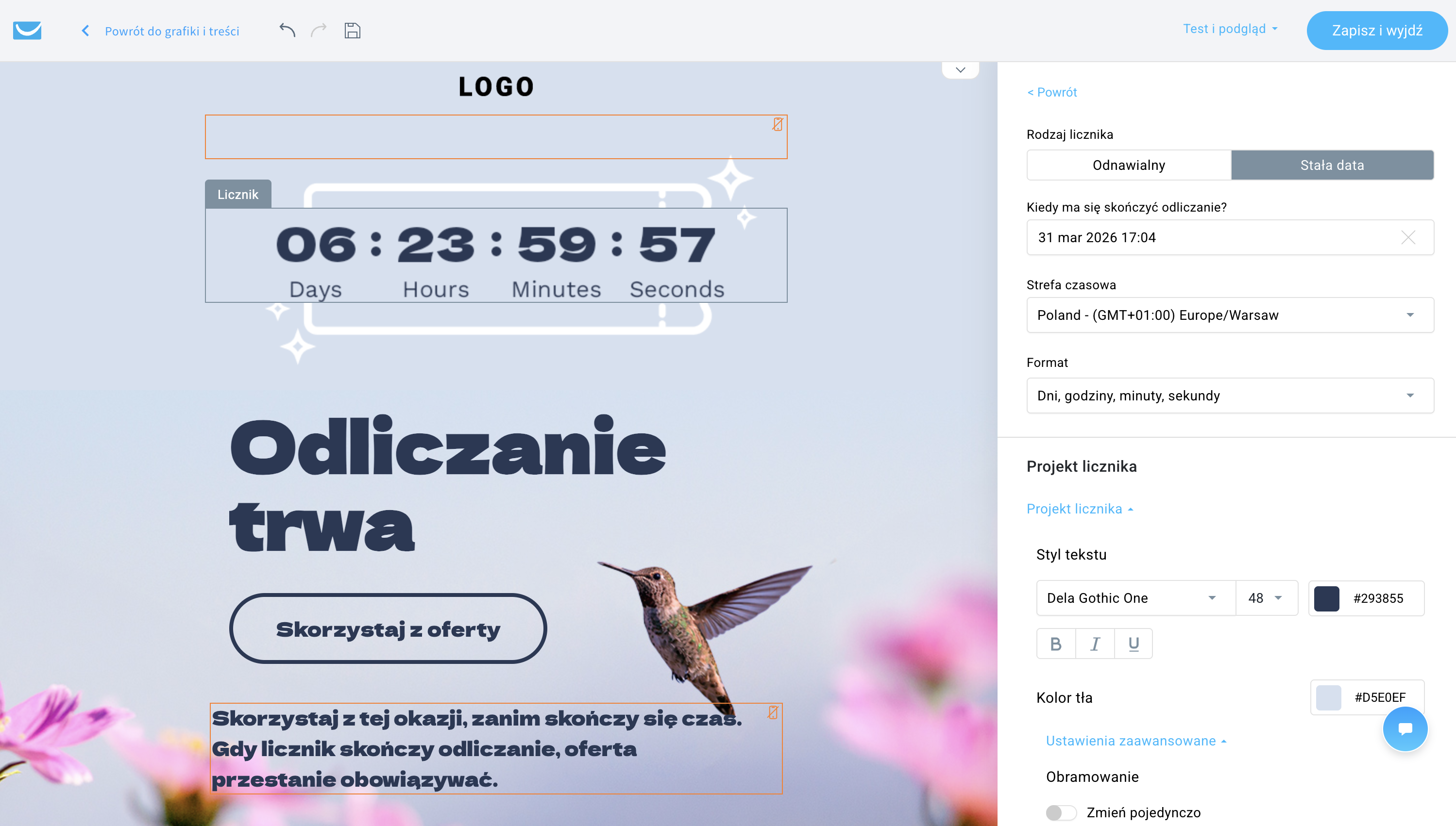 Zrzut ekranu z edytora wiadomości email GetResponse przedstawiający edycję elementu licznika czasu w projekcie wiadomości, wraz z podglądem komunikatu promocyjnego („NIE PRZEGAP TEGO”) umieszczonego obok licznika oraz panelem ustawień służącym do konfiguracji typu licznika, daty zakończenia, strefy czasowej, formatu i opcji stylistycznych.