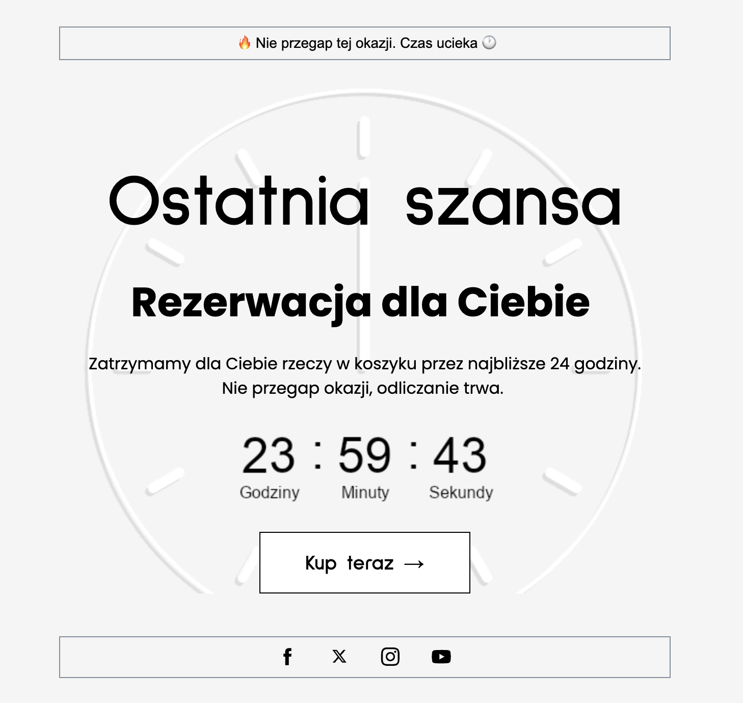 Email przypominający o porzuconym koszyku z licznikiem czasu wskazującym 24-godzinną rezerwację, zachęcający klientów do sfinalizowania zakupu poprzez podgląd produktu, cenę oraz wezwanie do działania „Kup teraz”.