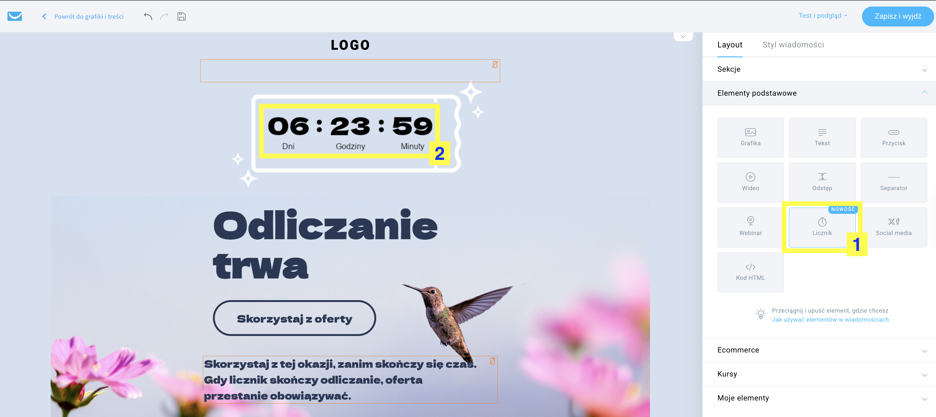 Interfejs kreatora wiadomości email GetResponse pokazujący, jak dodać blok z licznikiem czasu do promocyjnej wiadomości email, z edytorem typu „przeciągnij i upuść”, elementem licznika czasu oraz układem promocji produktów.