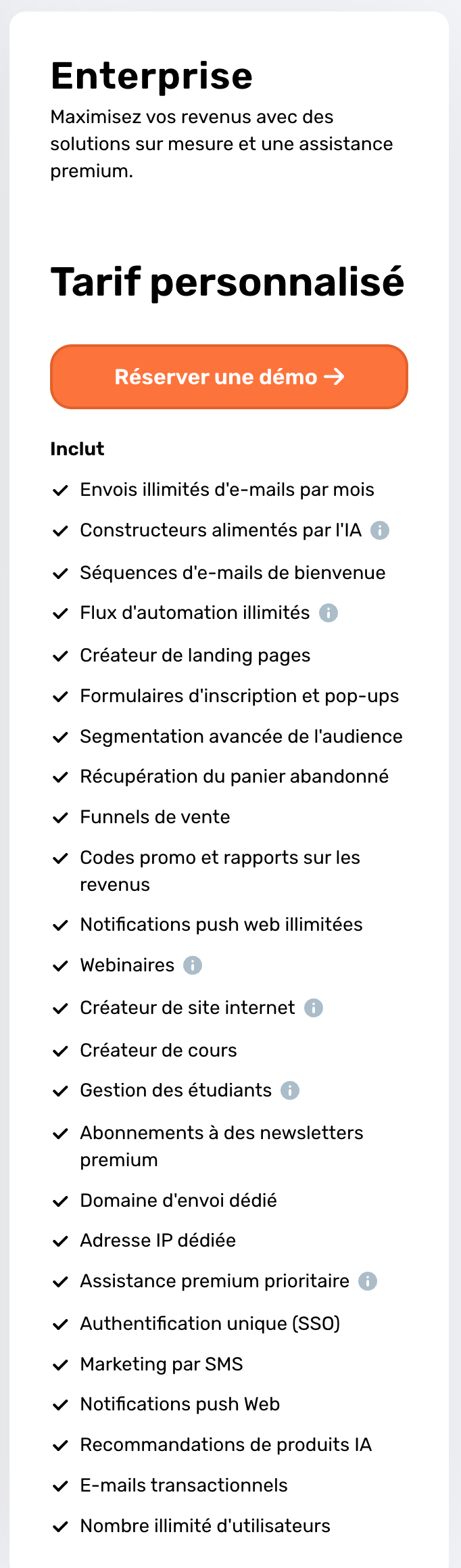 Résumé des options disponibles dans le plan GetResponse MAX..