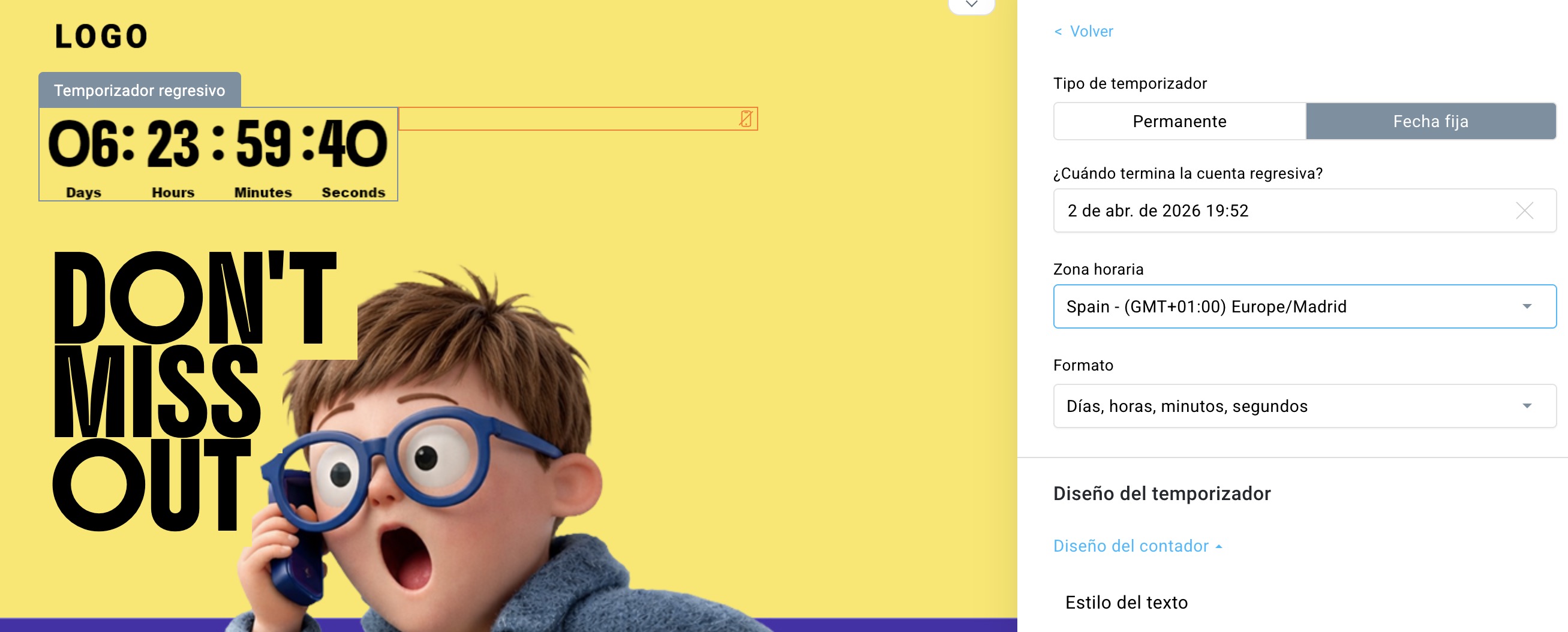 Captura de pantalla del editor de emails de GetResponse que muestra un elemento de cuenta regresiva siendo editado dentro del diseño de un email, con una vista previa de un mensaje promocional (“NO TE LO PIERDAS”) junto a un temporizador y un panel de configuración para ajustar el tipo de contador, la fecha de finalización, la zona horaria, el formato y las opciones de diseño.