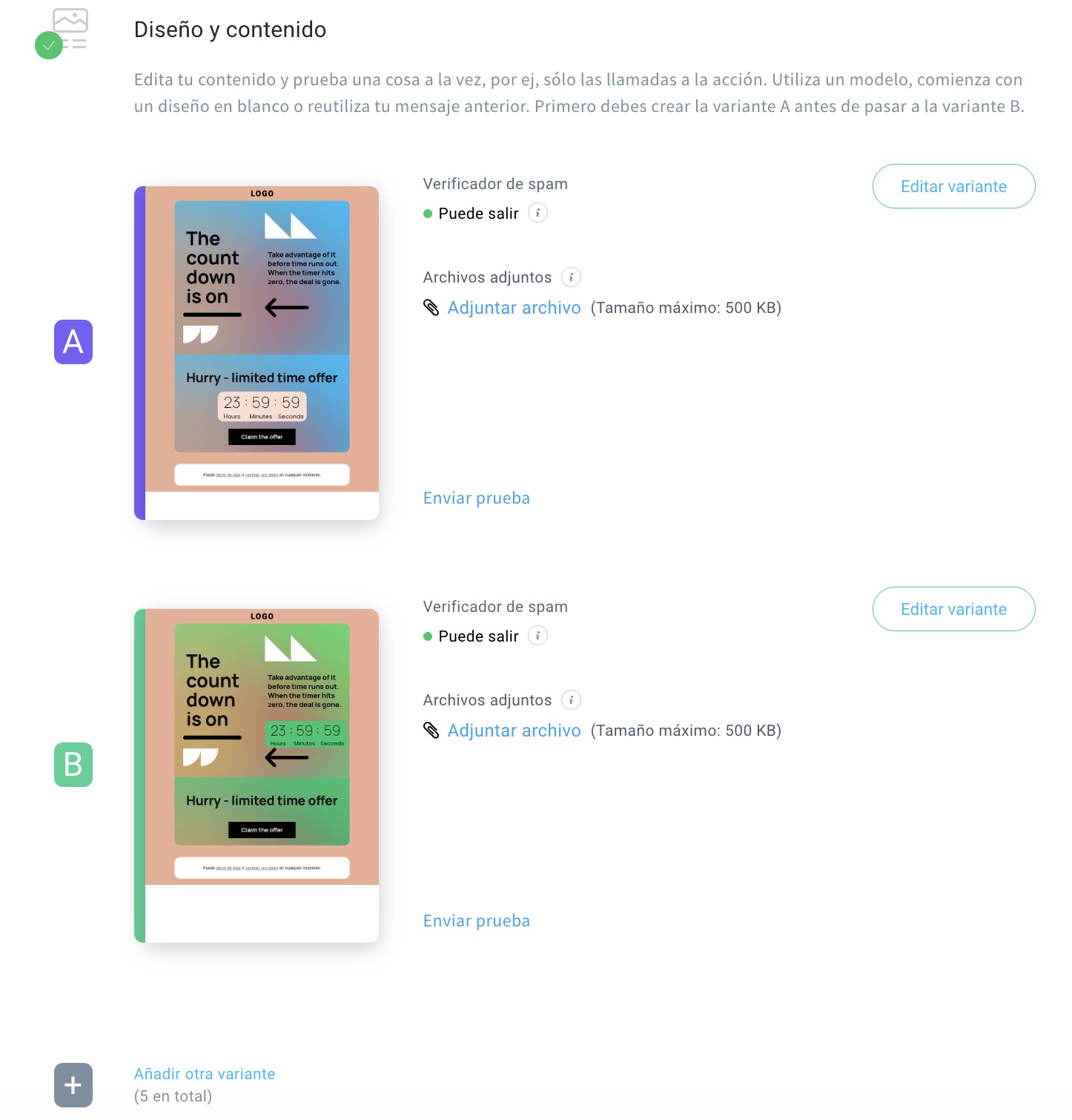 Interfaz de prueba A/B de emails en GetResponse mostrando dos variantes de correo para Black Friday (A y B), el estado de verificación de spam y opciones para editar las variantes, adjuntar archivos y enviar mensajes de prueba antes de lanzar la campaña.