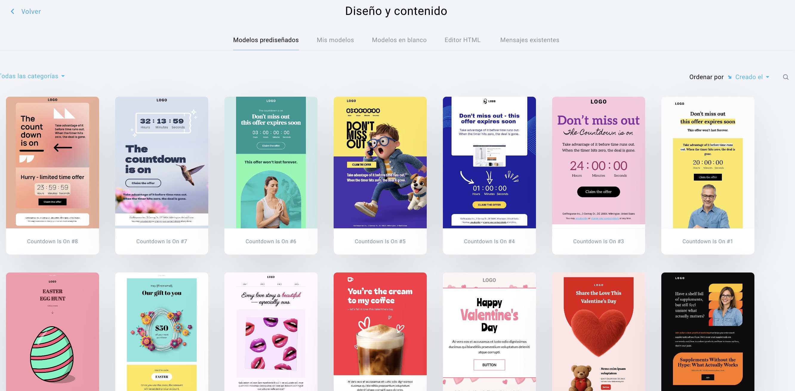 Captura de pantalla de la página “Diseño y contenido” del editor de emails de GetResponse, mostrando una cuadrícula de plantillas de email prediseñadas con temporizadores de cuenta regresiva en varios estilos y colores, junto con pestañas de navegación y opciones de ordenamiento en la parte superior.