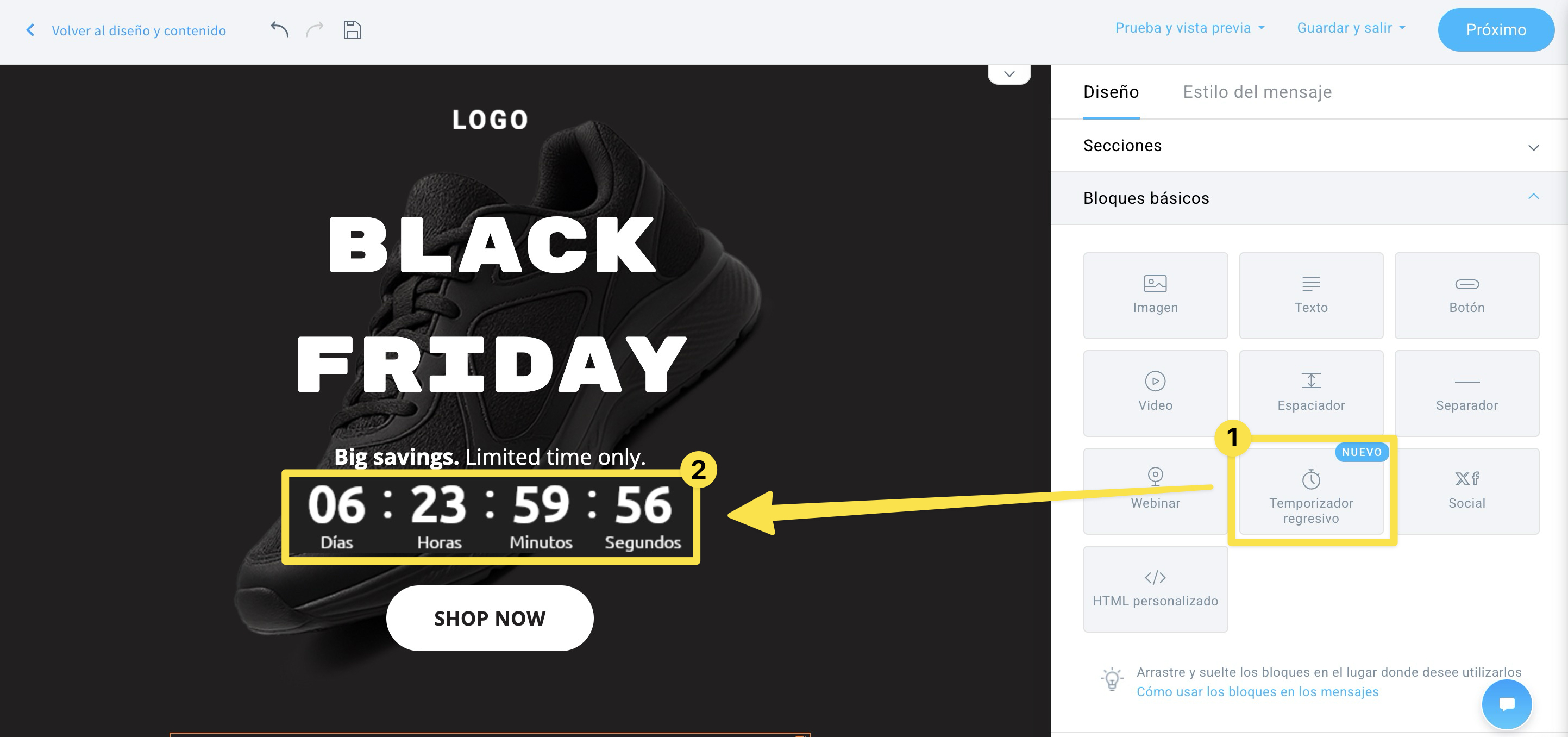 Interfaz de GetResponse Email Creator mostrando cómo añadir un bloque de temporizador de cuenta regresiva a un email promocional de Black Friday, con editor de arrastrar y soltar, elemento de temporizador y diseño de promoción de productos.