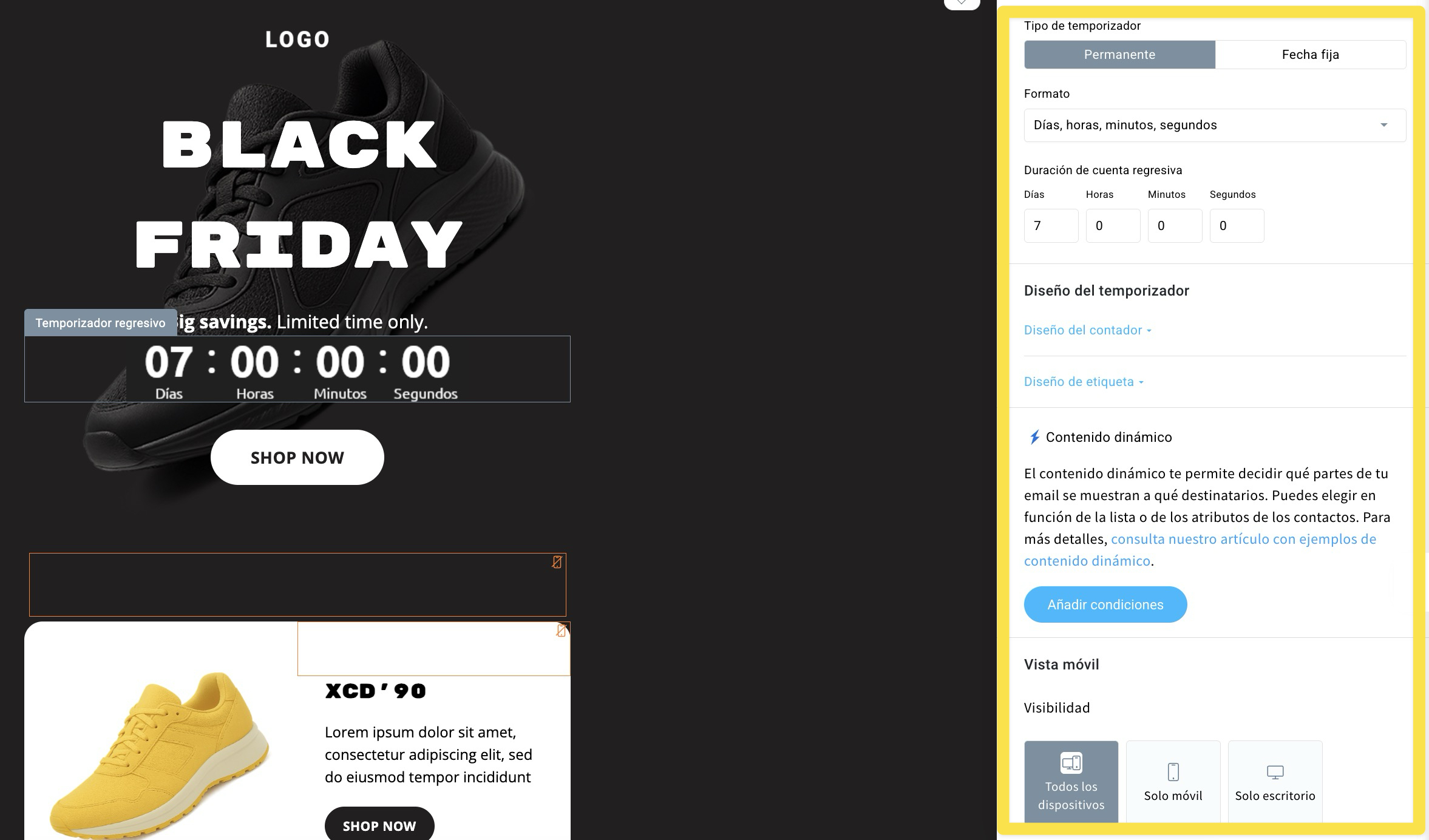Interfaz de GetResponse Email Creator mostrando la configuración del temporizador de cuenta regresiva para un email promocional de Black Friday, incluyendo configuración de temporizador evergreen, duración del conteo, opciones de diseño del temporizador y ajustes de visibilidad por dispositivo.