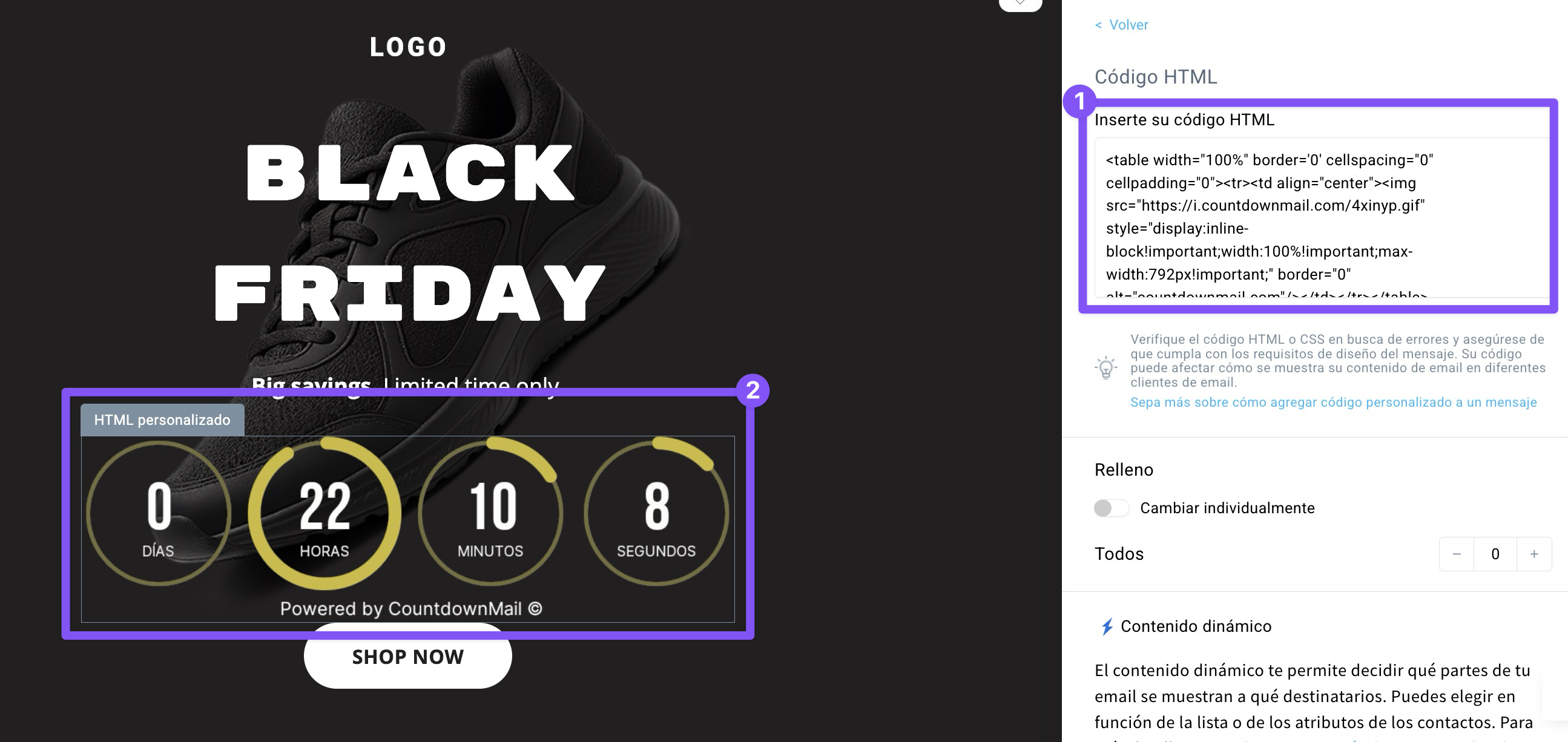 GetResponse Email Creator mostrando cómo añadir un temporizador de cuenta regresiva usando código HTML personalizado en una plantilla de email promocional de Black Friday, con visualización del conteo en vivo.