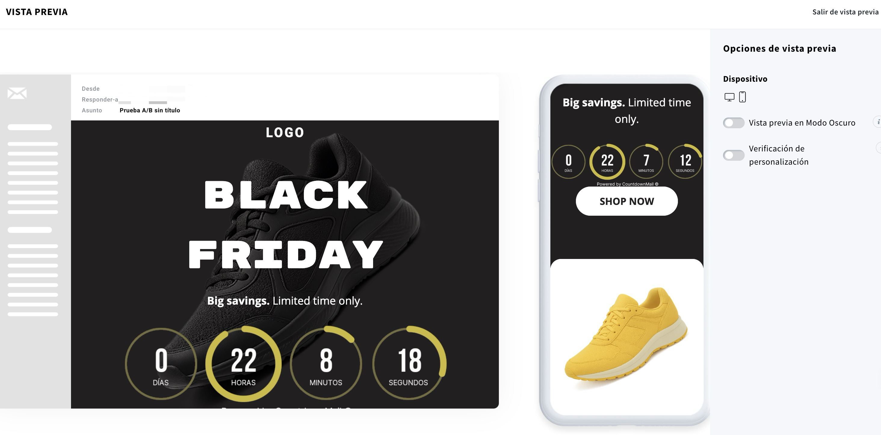 Herramienta de vista previa de emails de GetResponse mostrando un correo promocional de Black Friday con temporizador de cuenta regresiva, visualizado tanto en versión de escritorio como móvil, con opciones de vista previa como modo oscuro y verificación de personalización.