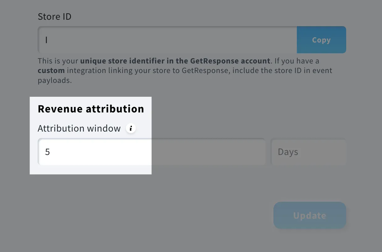 GetResponse Ecommerce tools settings screen showing revenue attribution configuration with an attribution window set to 5 days, alongside a store ID field and option to update the setting.