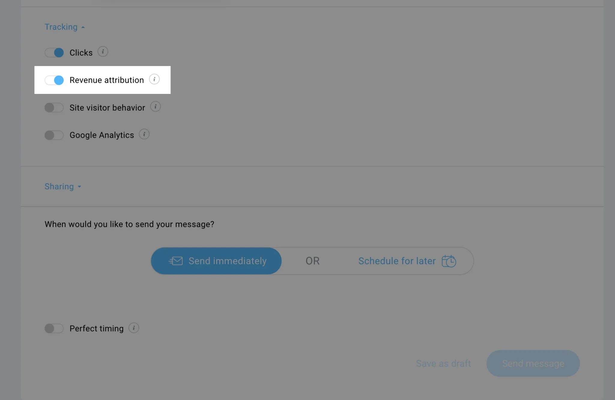 GetResponse email settings screen showing tracking options with ‘Revenue attribution’ enabled, alongside other toggles like clicks, site visitor behavior, and Google Analytics, plus options to send the message immediately or schedule it.