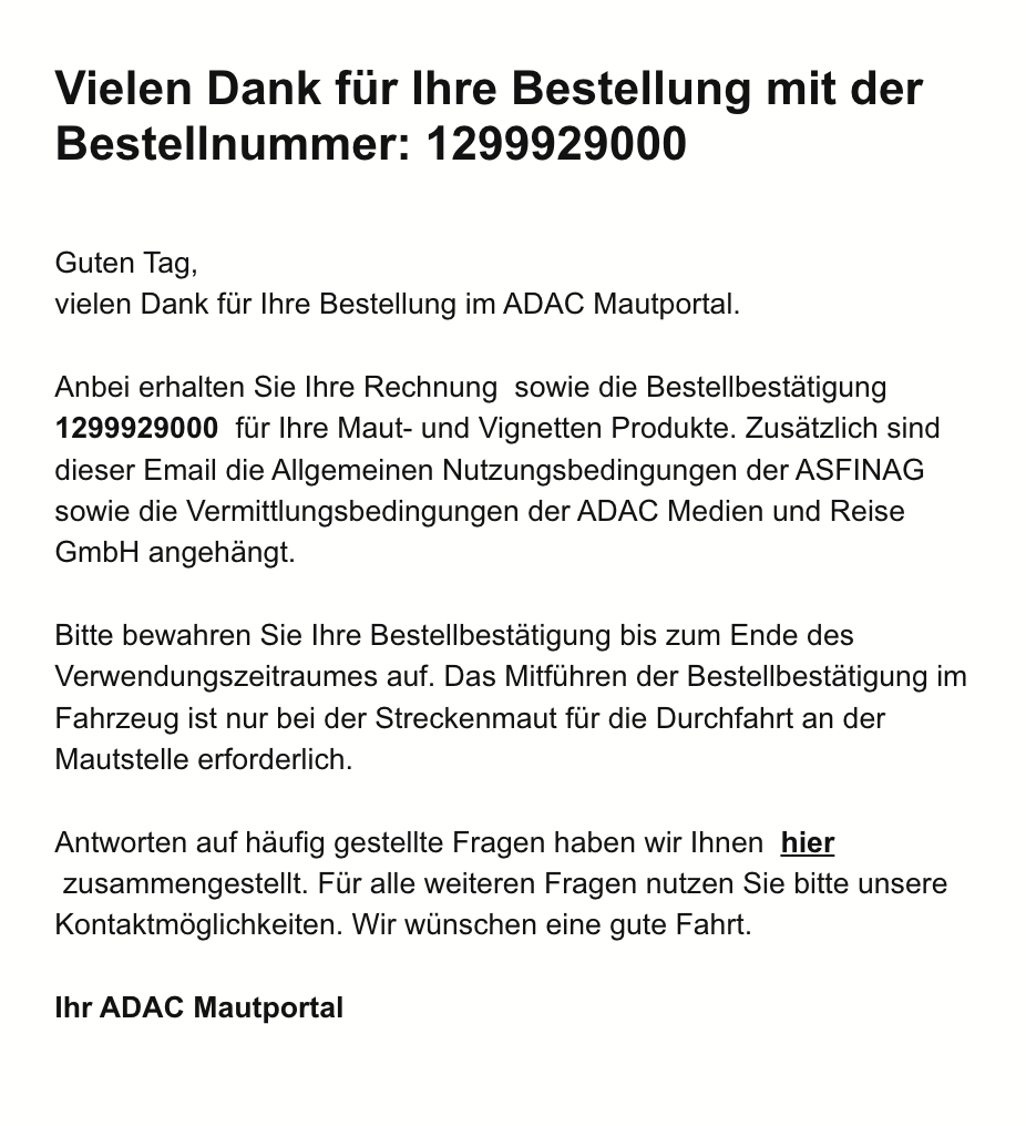 Beispiel für eine Bestellbestätigungs-E-Mail ADAC
