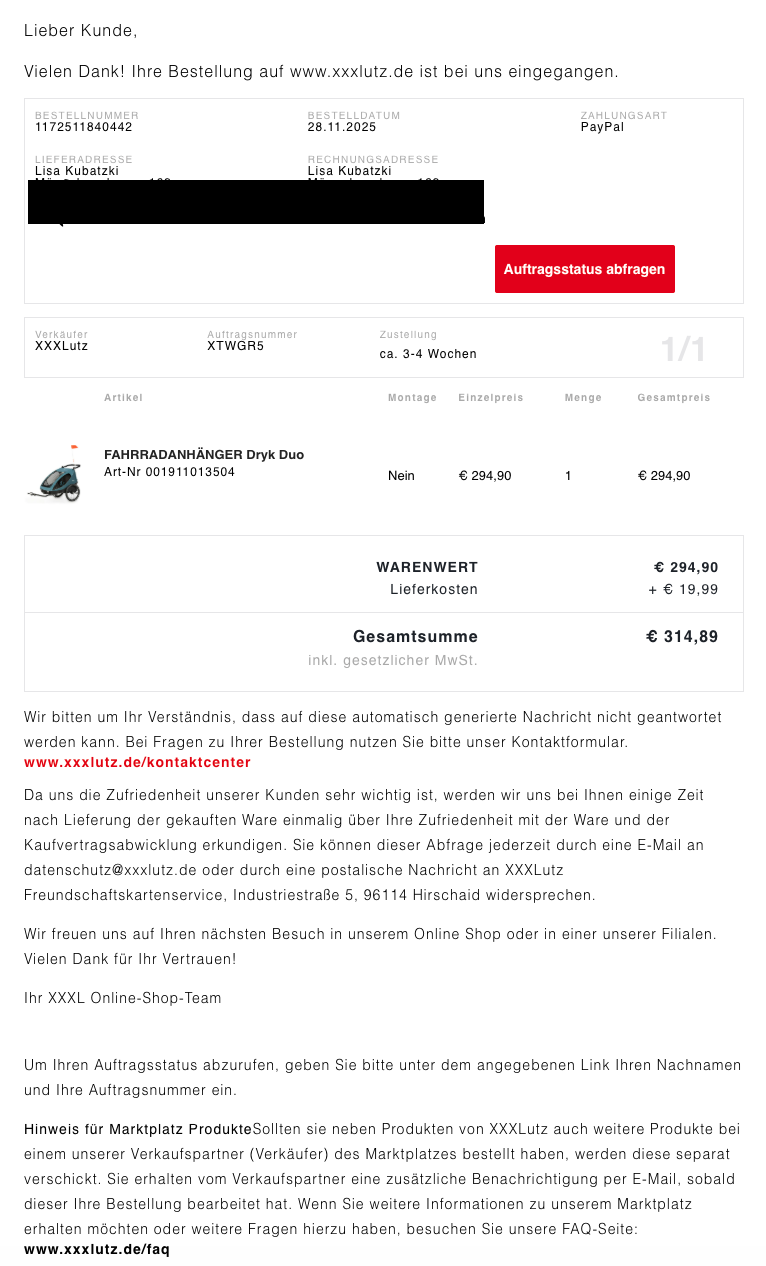 Beispiel für eine Bestellbestätigungs-E-Mail