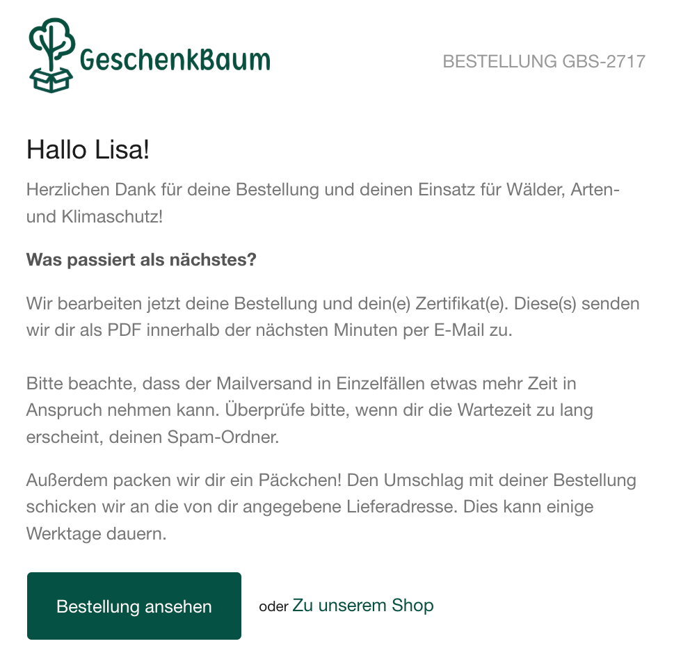 Beispiel für eine Bestellbestätigungs-E-Mail Geshchenk