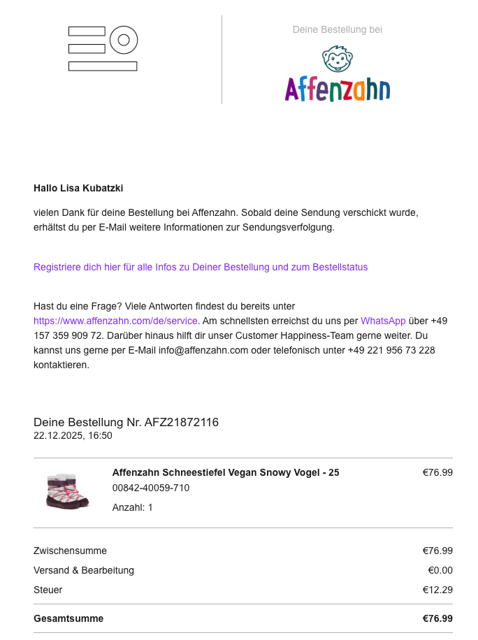 Beispiel für eine Bestellbestätigungs-E-Mail Affenzahn