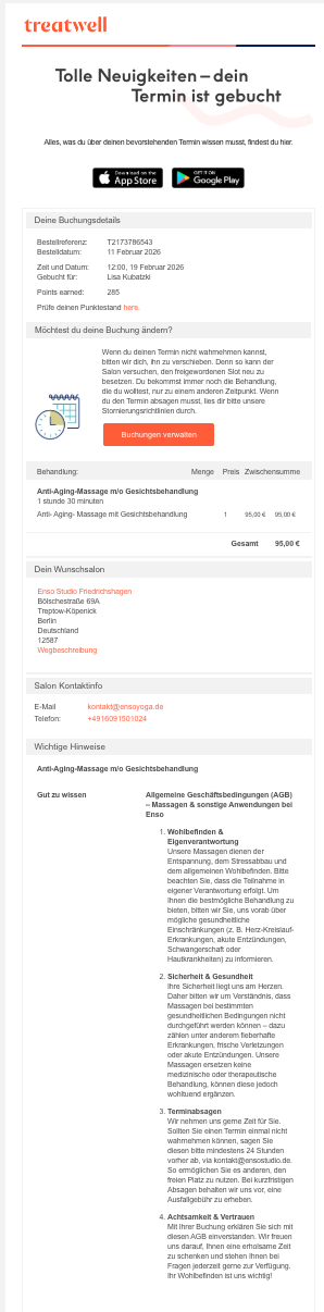 Beispiel für eine Bestellbestätigungs-E-Mail Treatwell