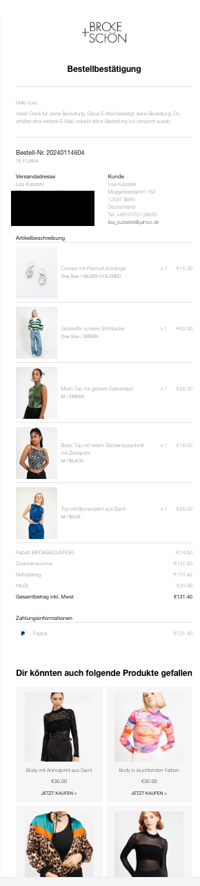 Beispiel für eine Bestellbestätigungs-E-Mail Broke + Schön 