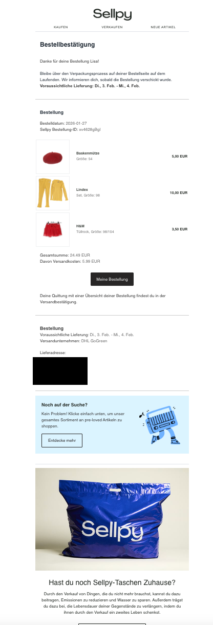 Beispiel für eine Bestellbestätigungs-E-Mail Sellpy