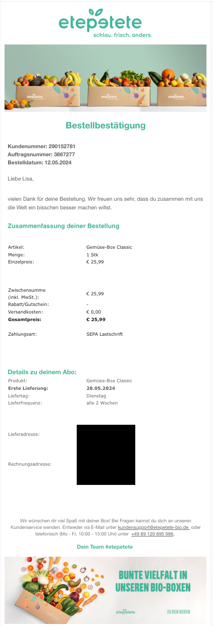Beispiel für eine Bestellbestätigungs-E-Mail Tchio