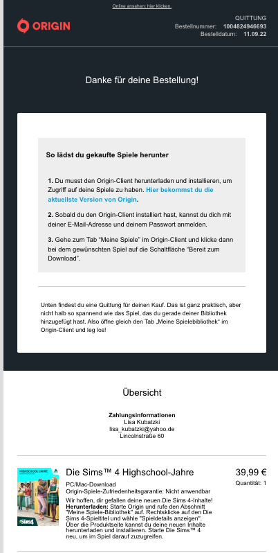 Beispiel für eine Bestellbestätigungs-E-Mail Origin