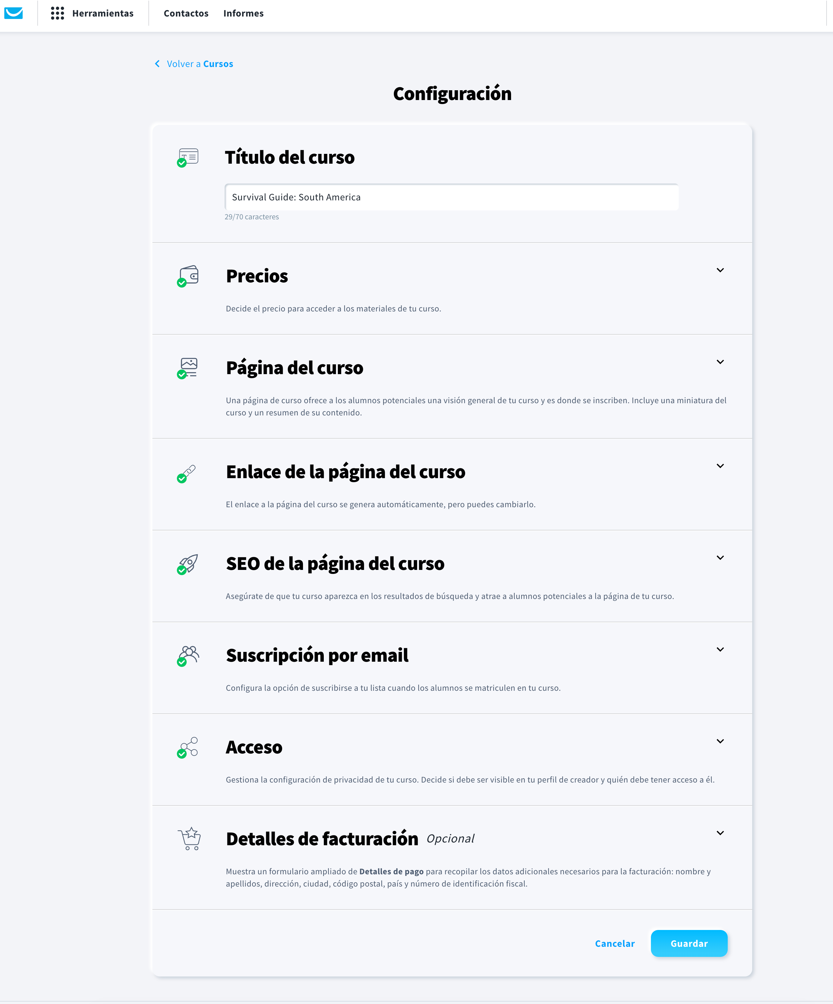 Panel de control de Cursos en GetResponse