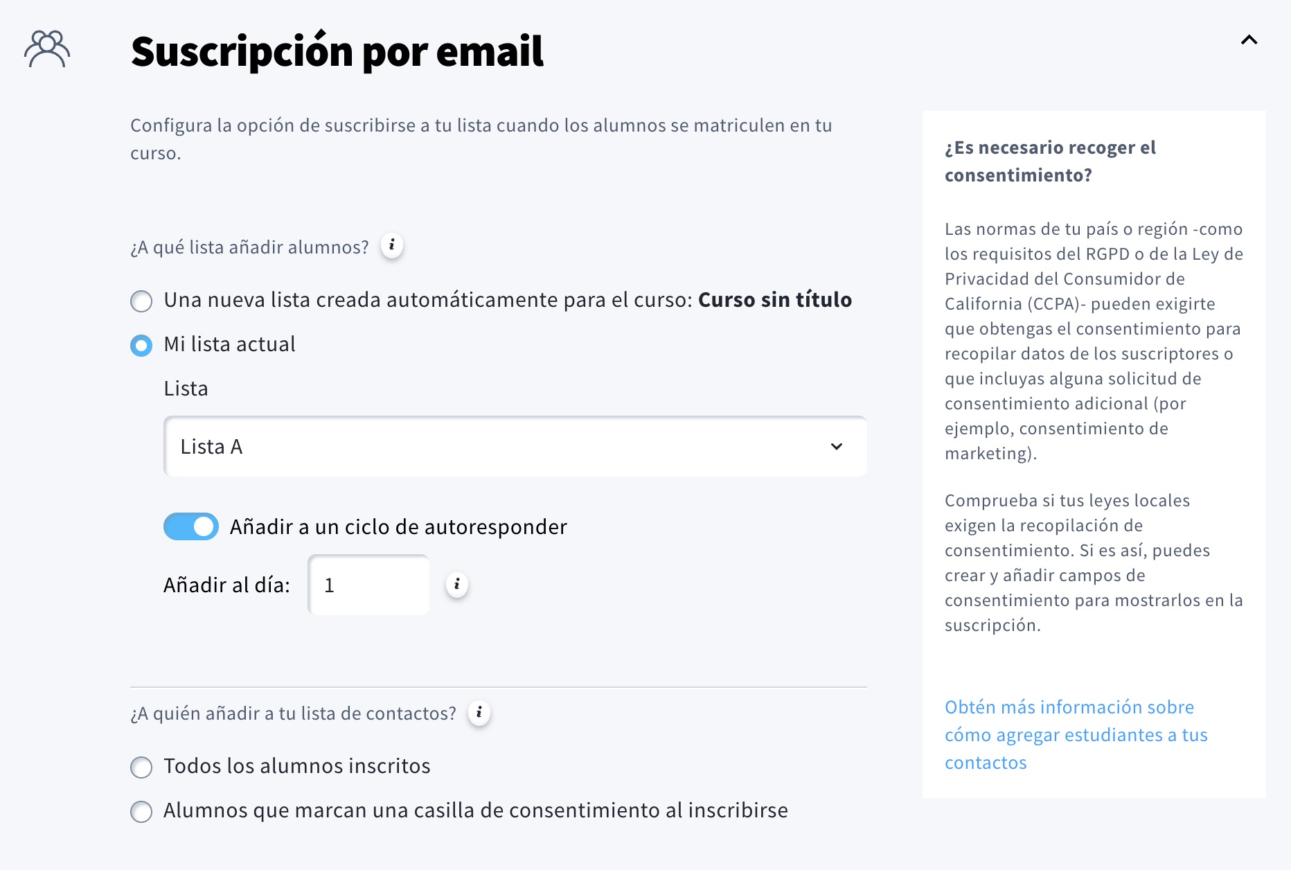 Suscripción a email marketing desde Cursos en GetResponse