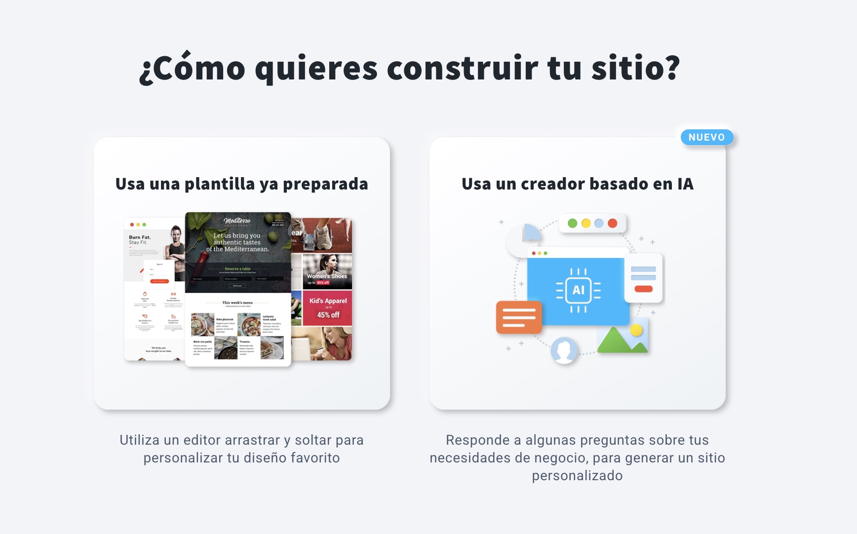 Creación de sitios web en GetResponse: elige entre la opción tradicional (con plantillas) o el editor mejorado por Inteligencia Artificial
