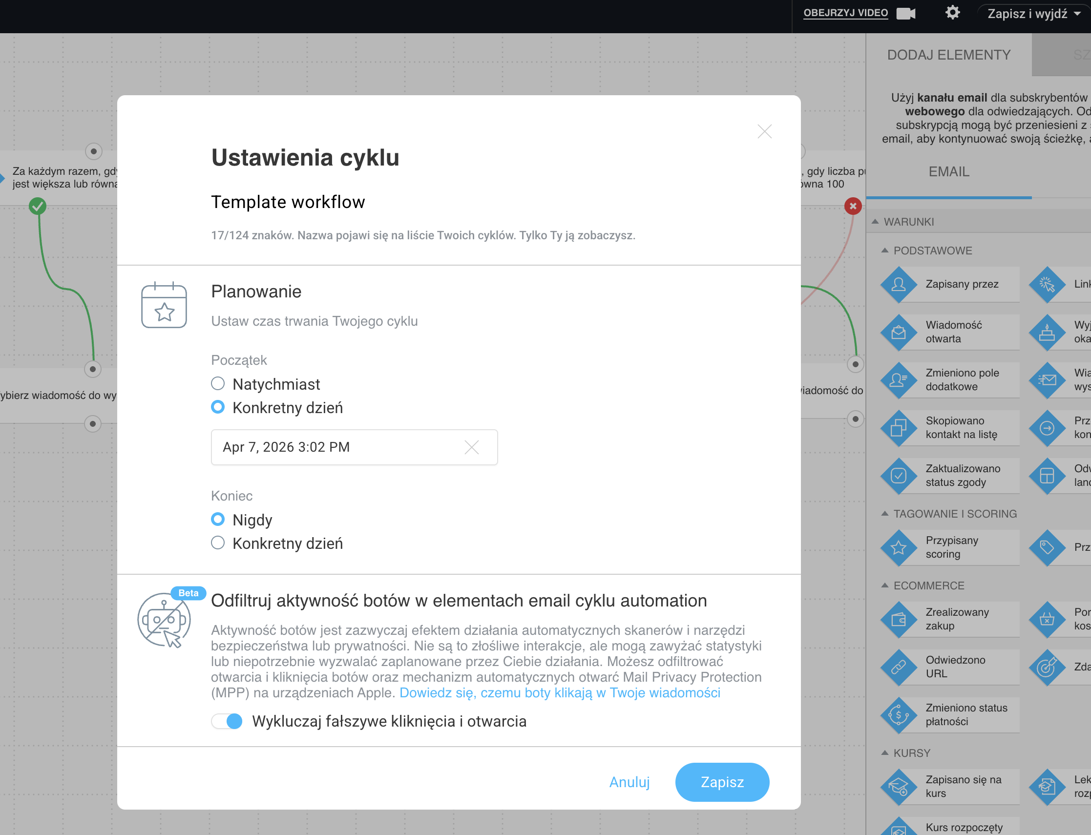 Okno ustawień cyklu automatyzacji w GetResponse z włączoną opcją filtrowania aktywności botów (‘Wyklucz fałszywe kliknięcia i otwarcia’), która pozwala eliminować sztuczne interakcje z kampanii email.